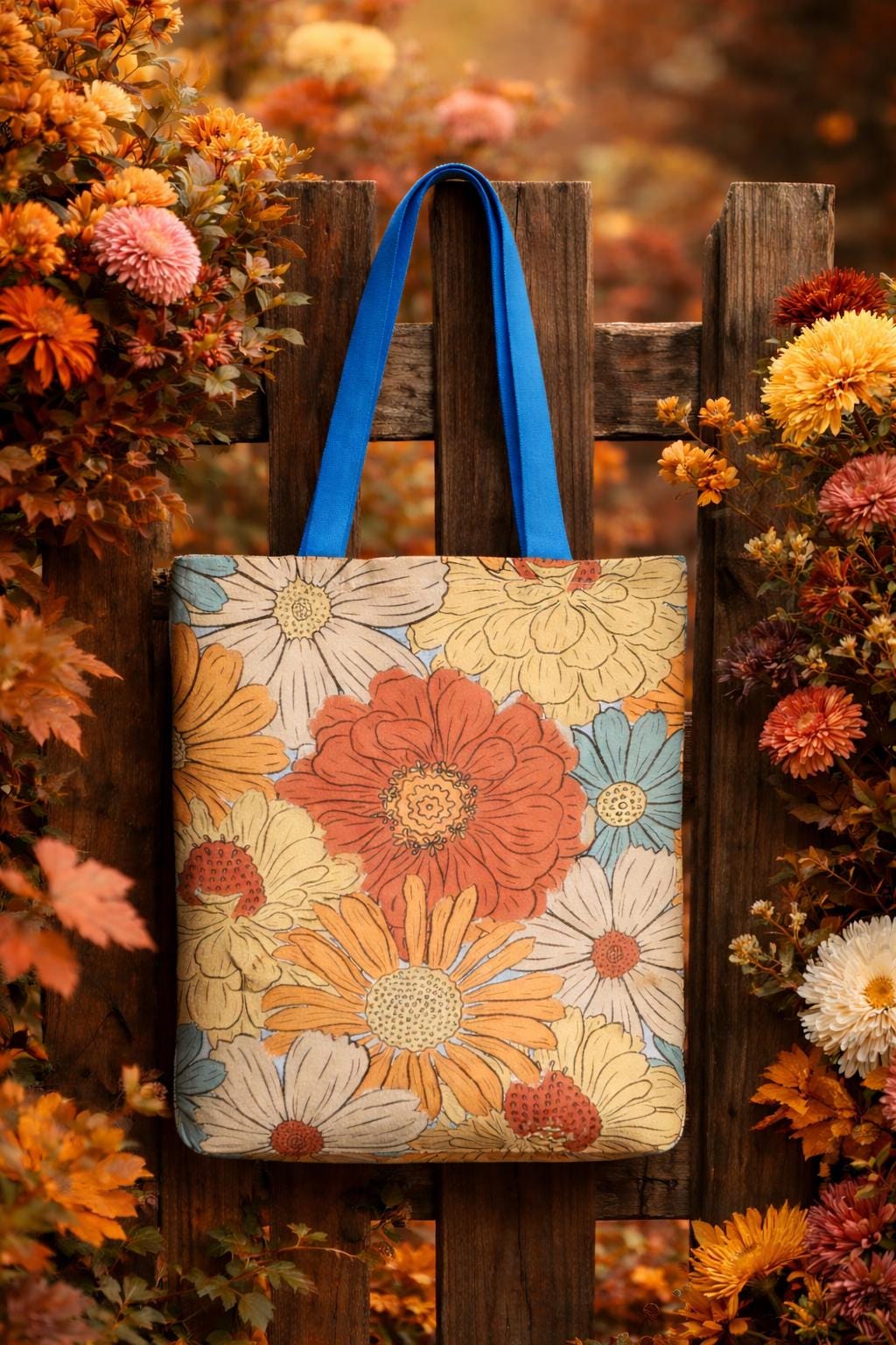 Retro Floral Bouquet Tote | Vintage Daisy Pattern, Earth Tone Flowers