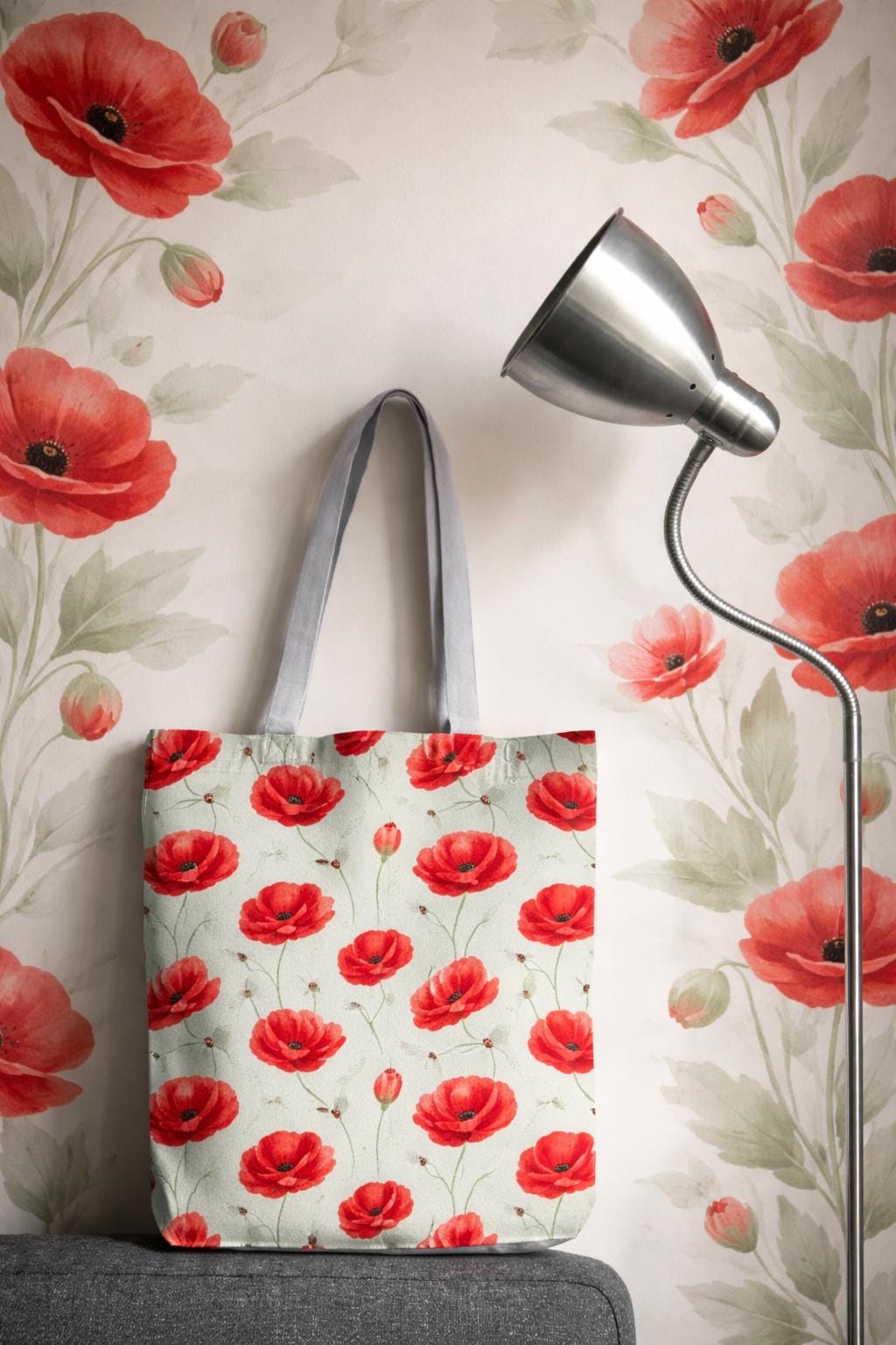 Red Poppy Pattern Tote Bag | Floral Poppy Print Tote