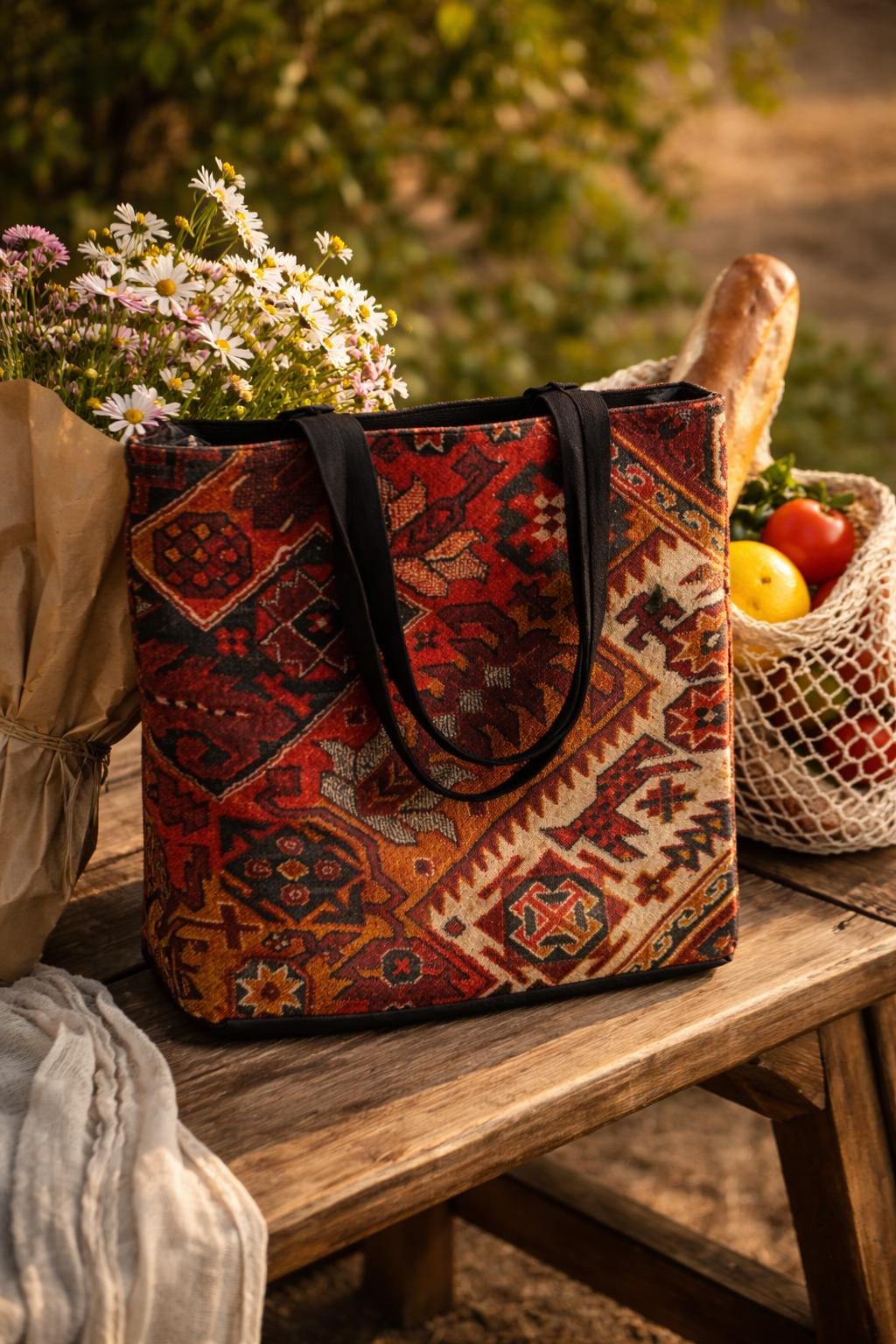 Vintage Persian Rug Pattern Tote Bag | Boho Ethnic Kilim Design for Everyday, Market, Travel, Gifts, Fall Accessories