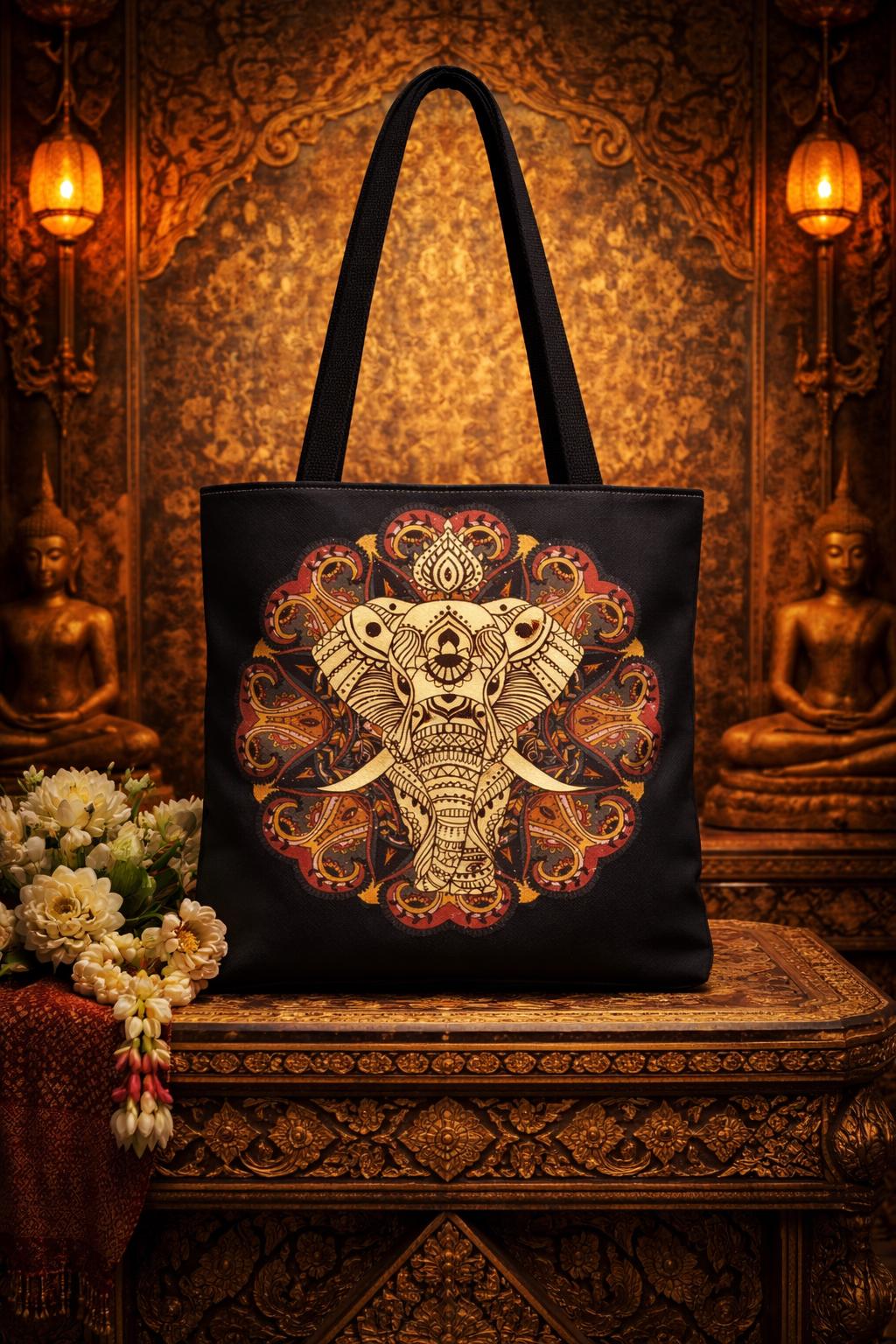 Elephant Mandala Tote Bag – Handcrafted Ornate Print for Casual Outings, Unique Gift for Nature Enthusiasts