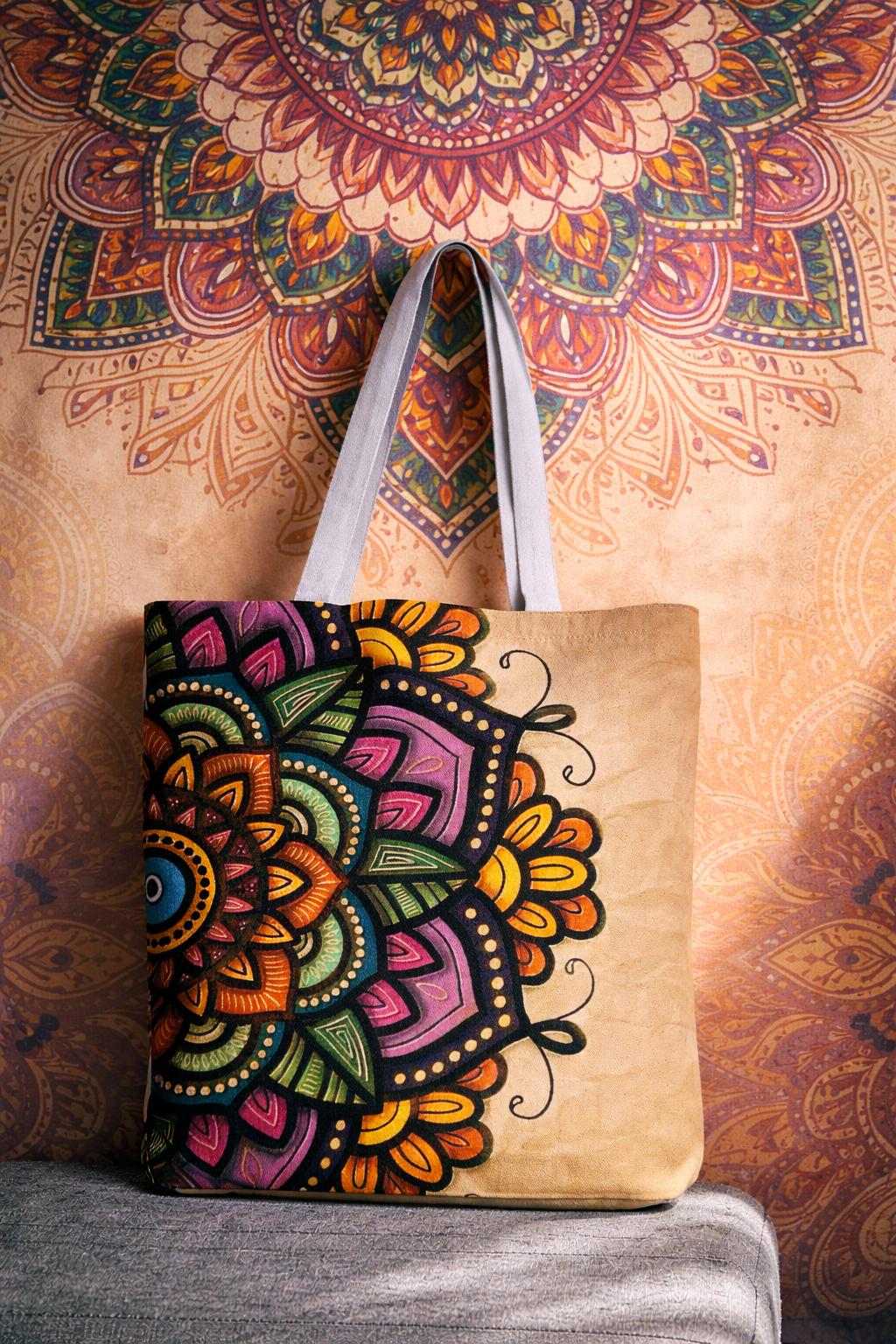 Mandala Polyester Tote Bag with Colorful Accents