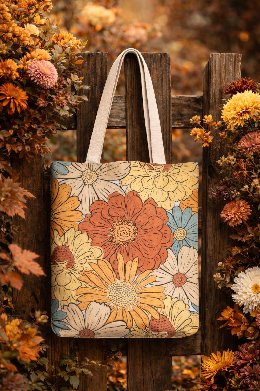 Retro Floral Bouquet Tote | Vintage Daisy Pattern, Earth Tone Flowers