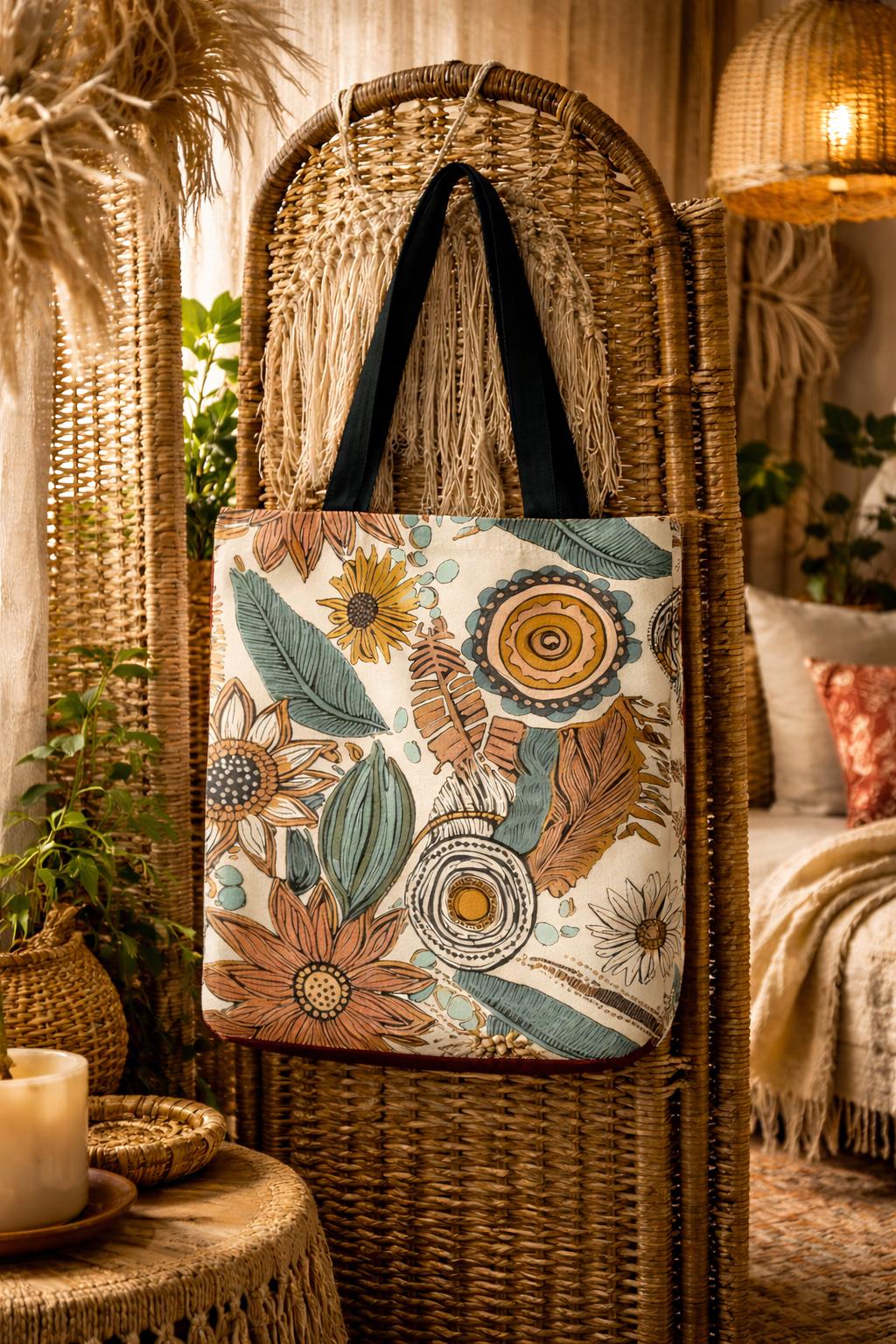 Boho Sunflower Feather Tote Bag | All-Over Print