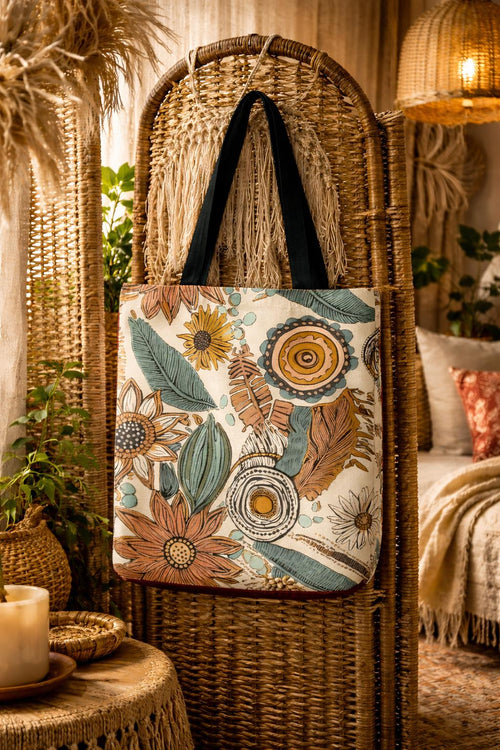 Boho Sunflower Feather Tote Bag | All-Over Print