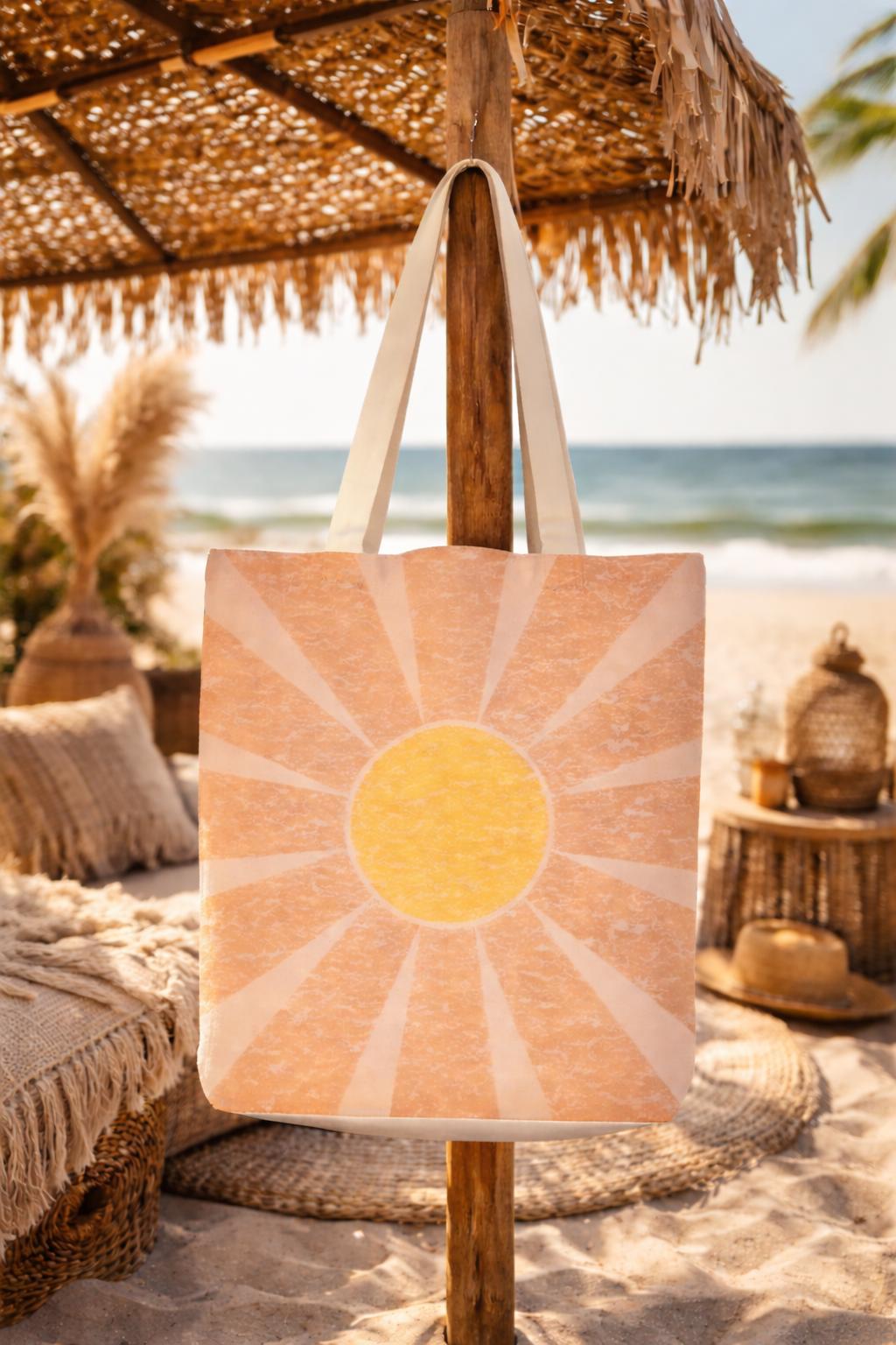 Retro Sunburst Tote Bag | Boho Sunrise Graphic