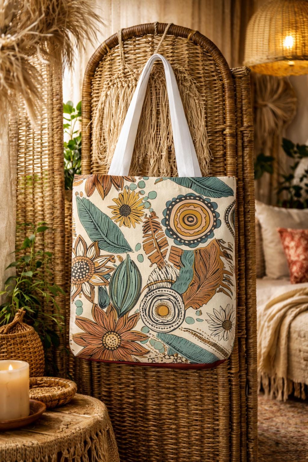 Boho Sunflower Feather Tote Bag | All-Over Print