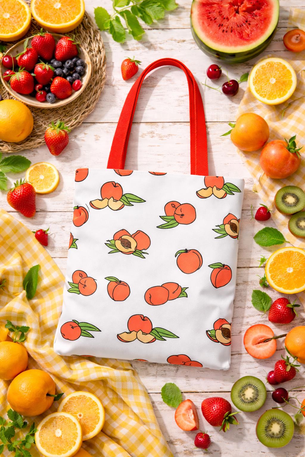 Peach Pattern Tote Bag | All-Over Print Fruit Shopper Bag for Summer, Grocery, Farmers Market, Eco-Friendly Daily, Gift for Her