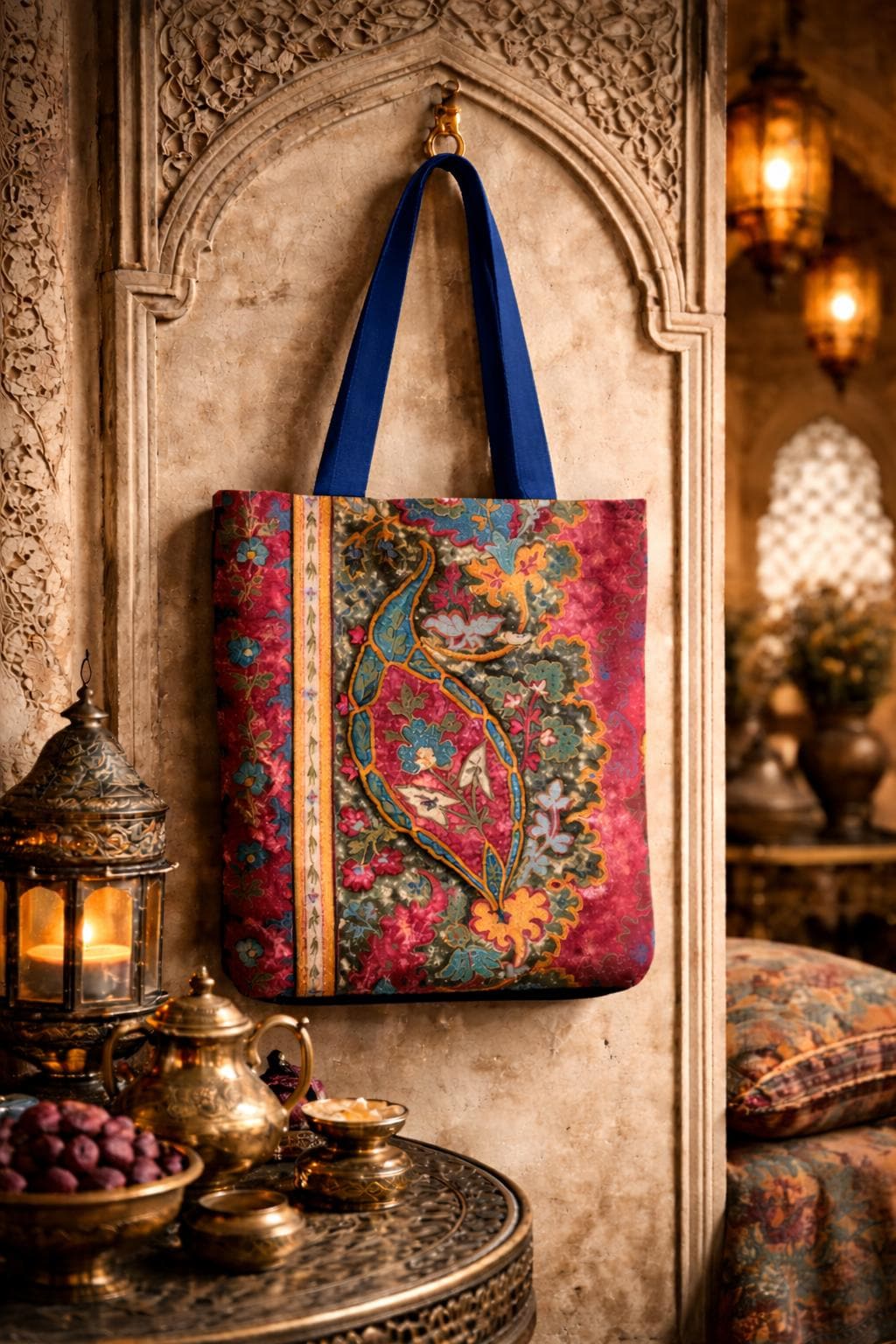 Floral Tote Bag: Persian Art Style, Colorful Handles