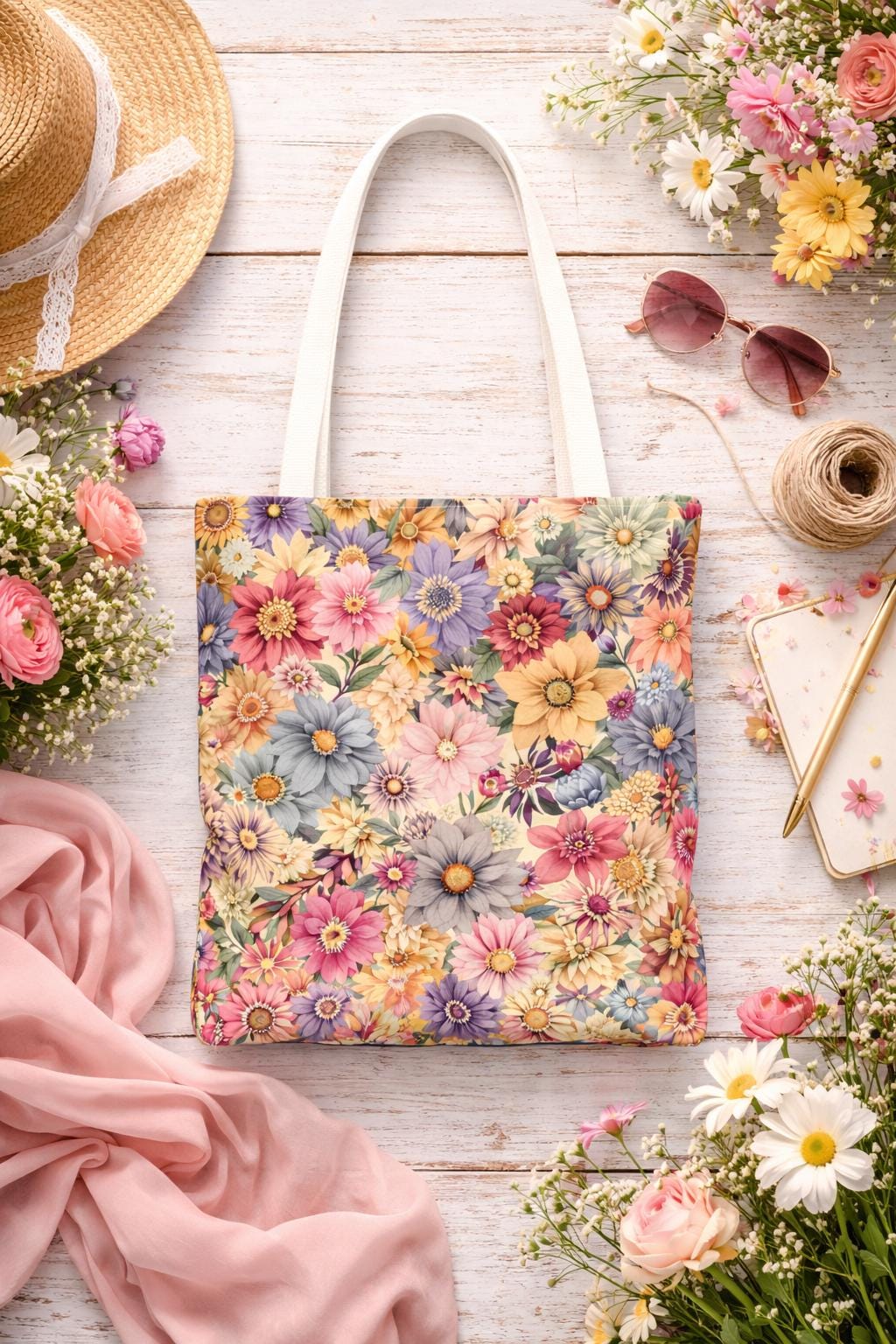 Vintage floral tote bag, pastel daisy all-over print, garden bag, eco-friendly shopping tote, women’s everyday bag, spring picnic accessory
