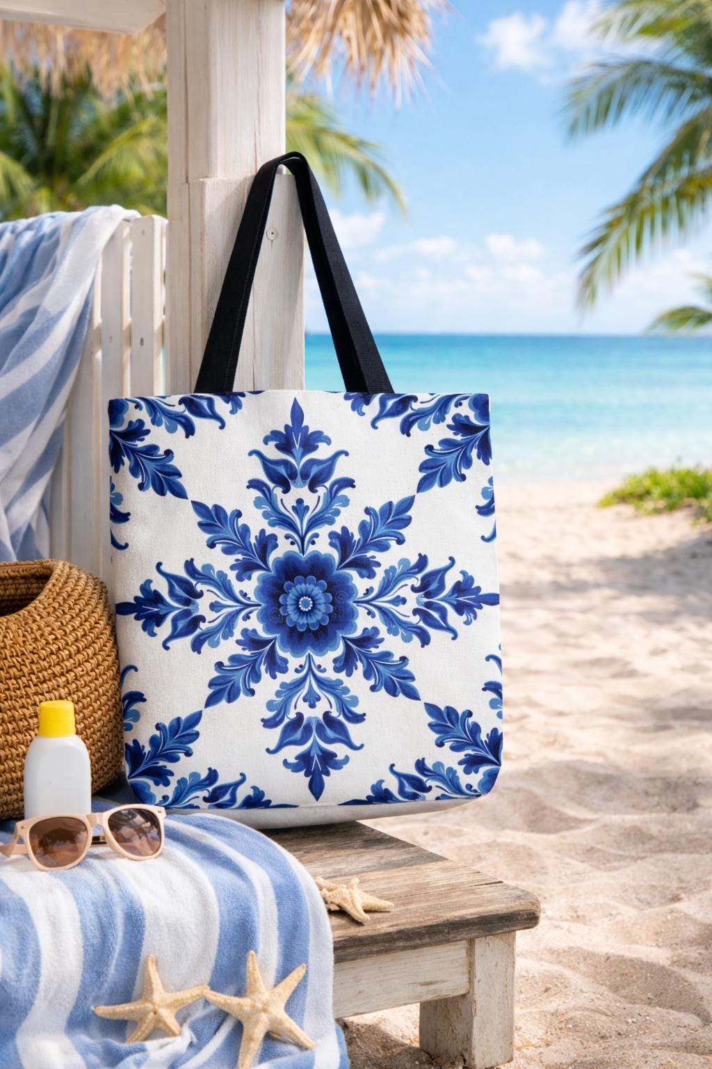 Floral Indigo Tote Bag, Blue Flower Market Shopper