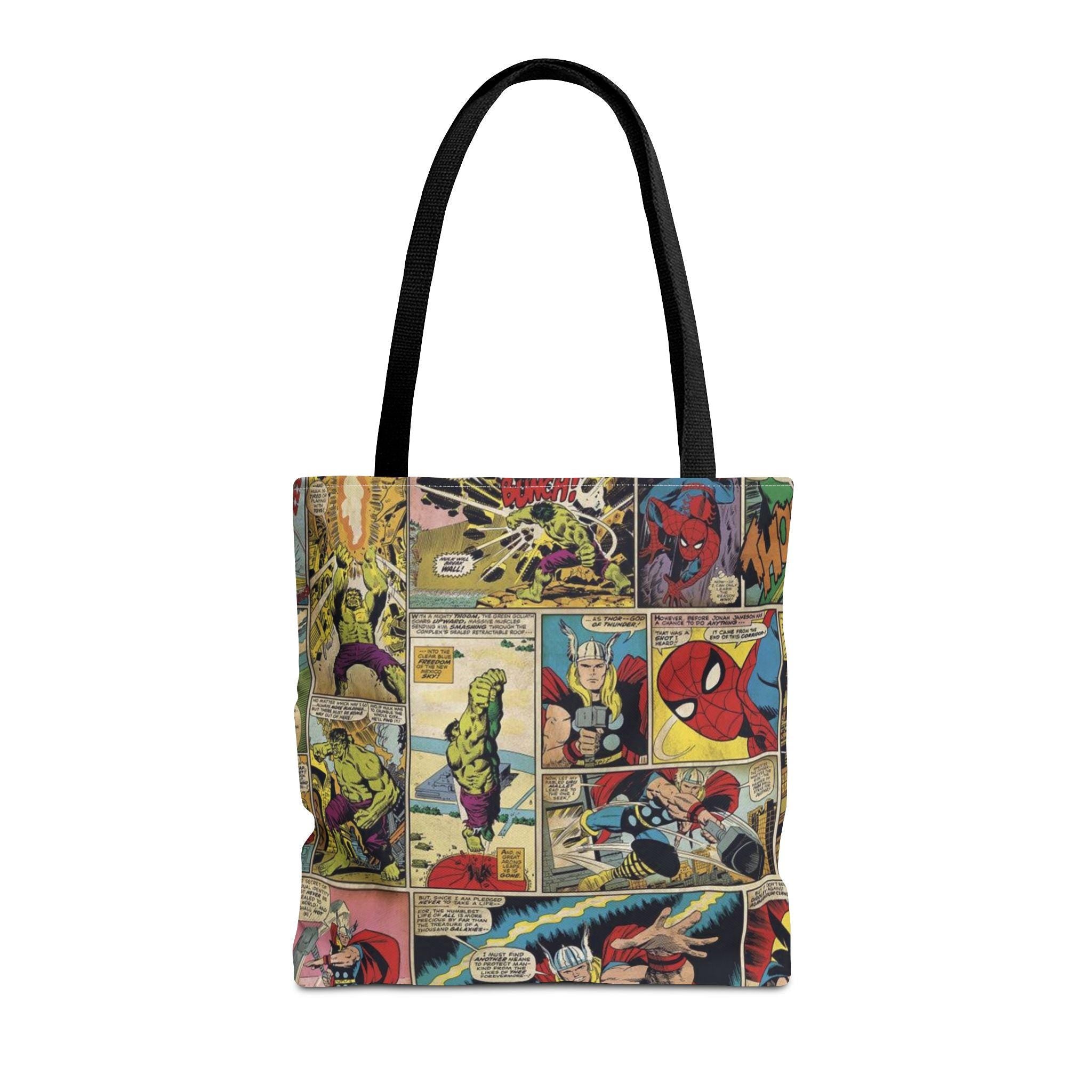 Vintage Comic Collage Tote Bag, Nerd and Superhero Book Bag, Retro Pop Art Shoulder Tote for Men and Women, Geeky Grocery Shopping Bag