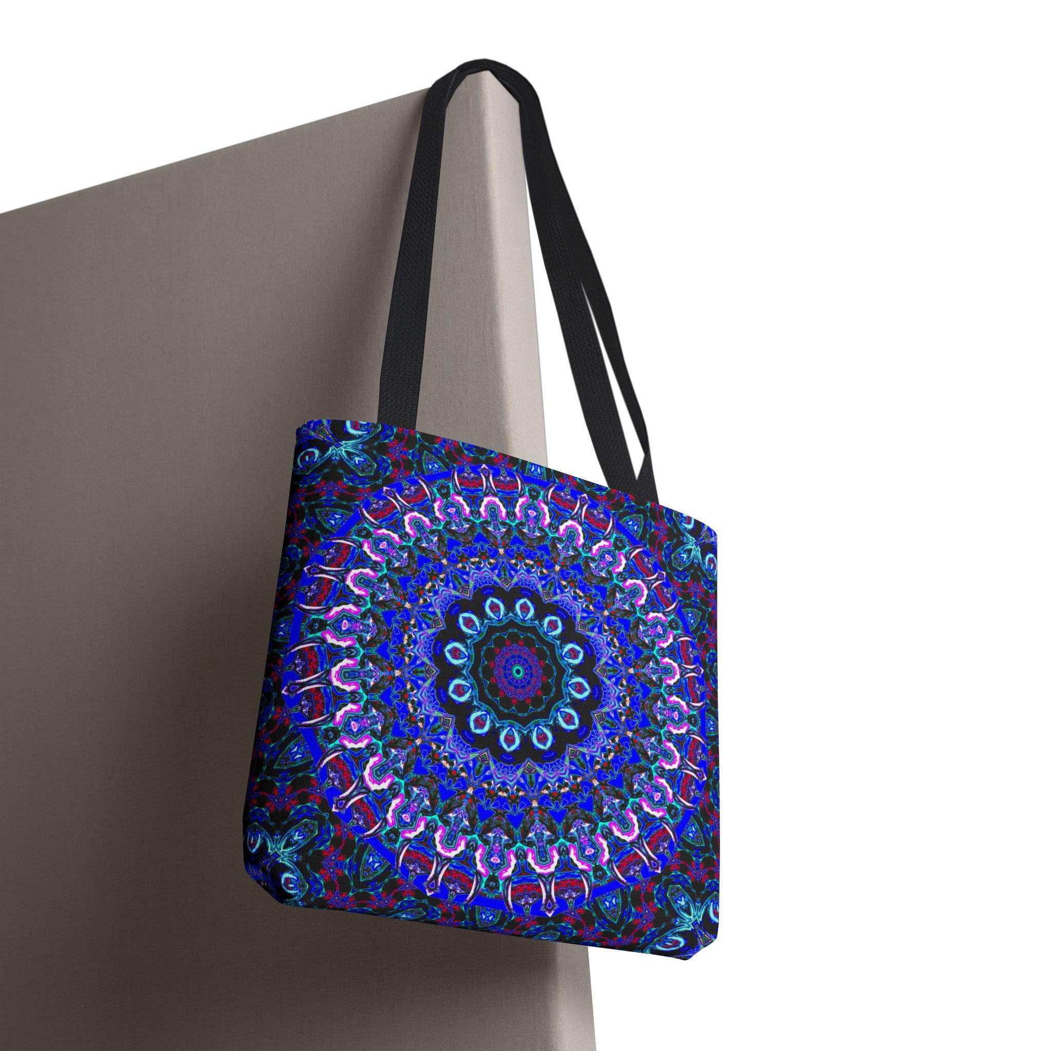 Mandala Bag with Blue and Purple Kaleidoscope Design – Stylish Accessory for Shopping & Events – Perfect Gift for Boho Charm