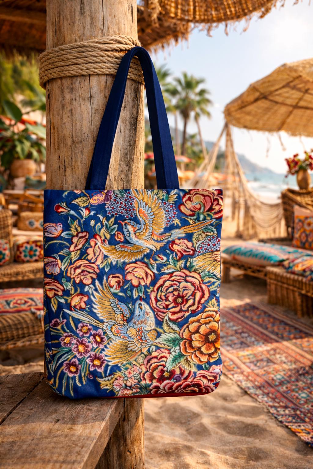 Floral retro style tote bag inspired by Persian artistry