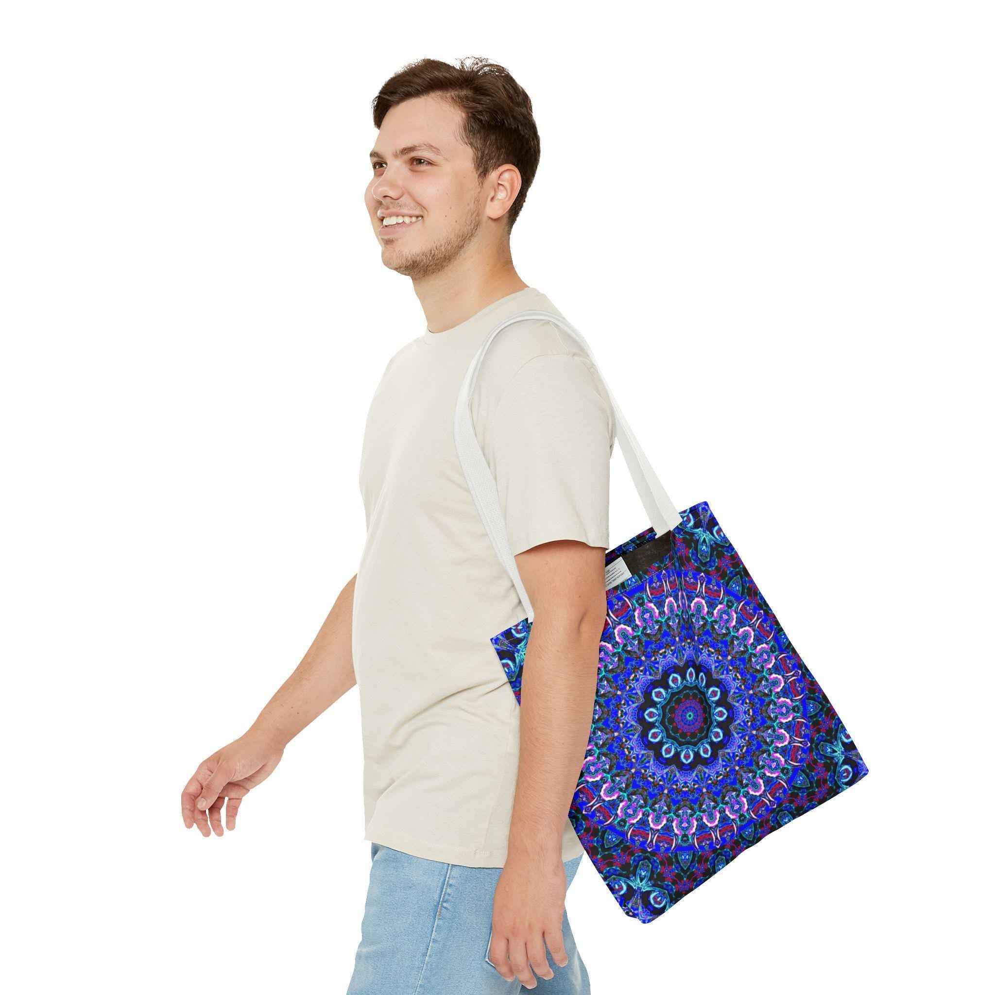 Mandala Bag with Blue and Purple Kaleidoscope Design – Stylish Accessory for Shopping & Events – Perfect Gift for Boho Charm