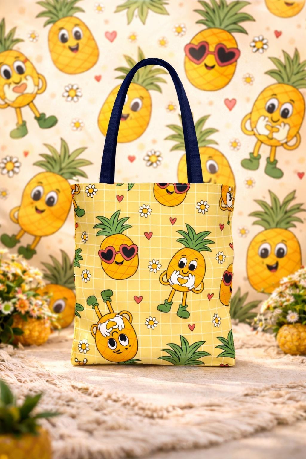 Kawaii Pineapple Pattern Tote Bag | Cute Fruit Hearts Daisies All-Over Print
