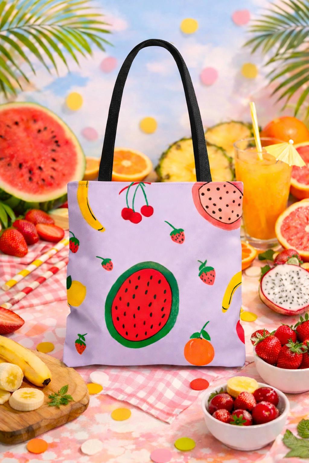 Colorful Fruit Print Tote Bag | Durable Polyester Grocery Bag