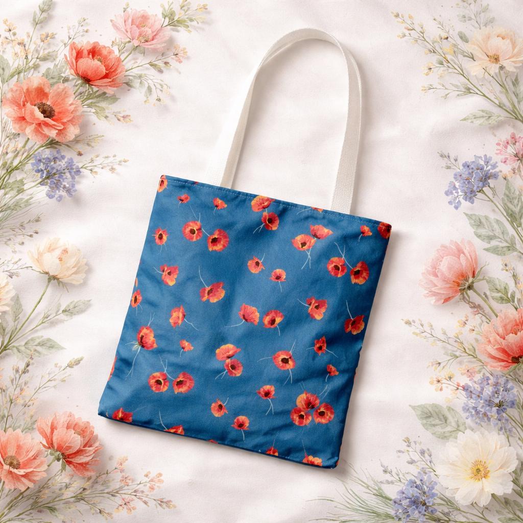 Red Poppy Floral Pattern Tote Bag | Blue Background, Reusable Eco-Friendly Casual Market & Everyday Carry with Reinforced Handles