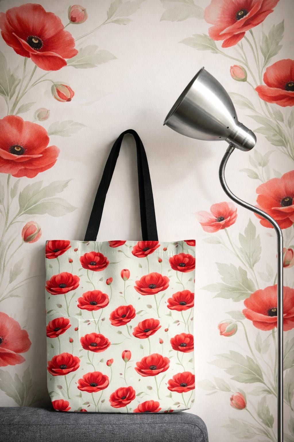 Red Poppy Pattern Tote Bag | Floral Poppy Print Tote