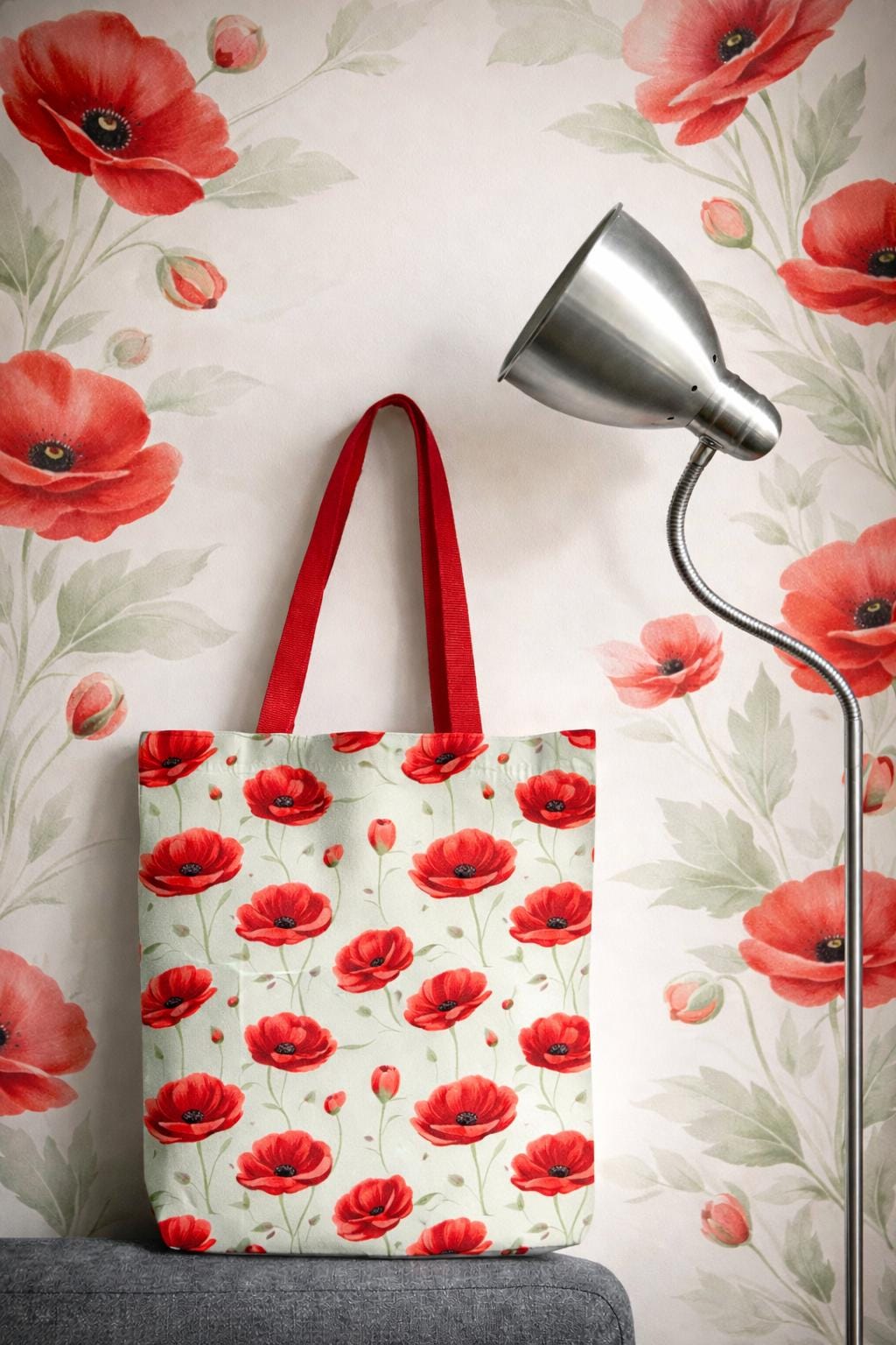 Red Poppy Pattern Tote Bag | Floral Poppy Print Tote