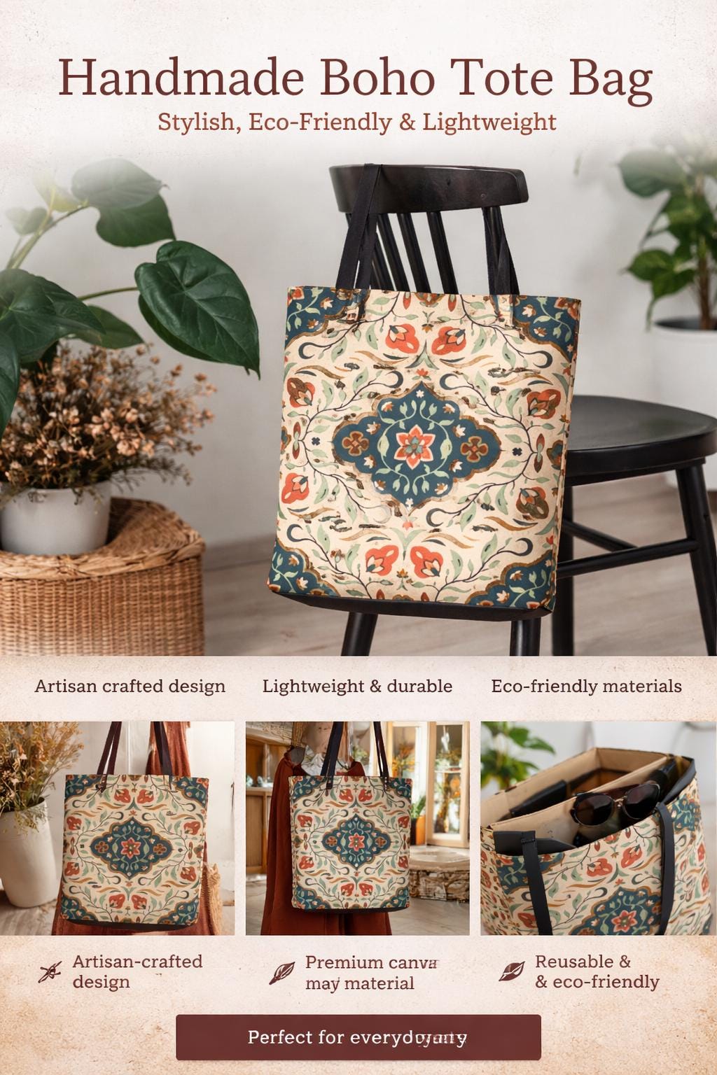 Vintage Floral Tile Pattern Tote Bag | All-Over Print