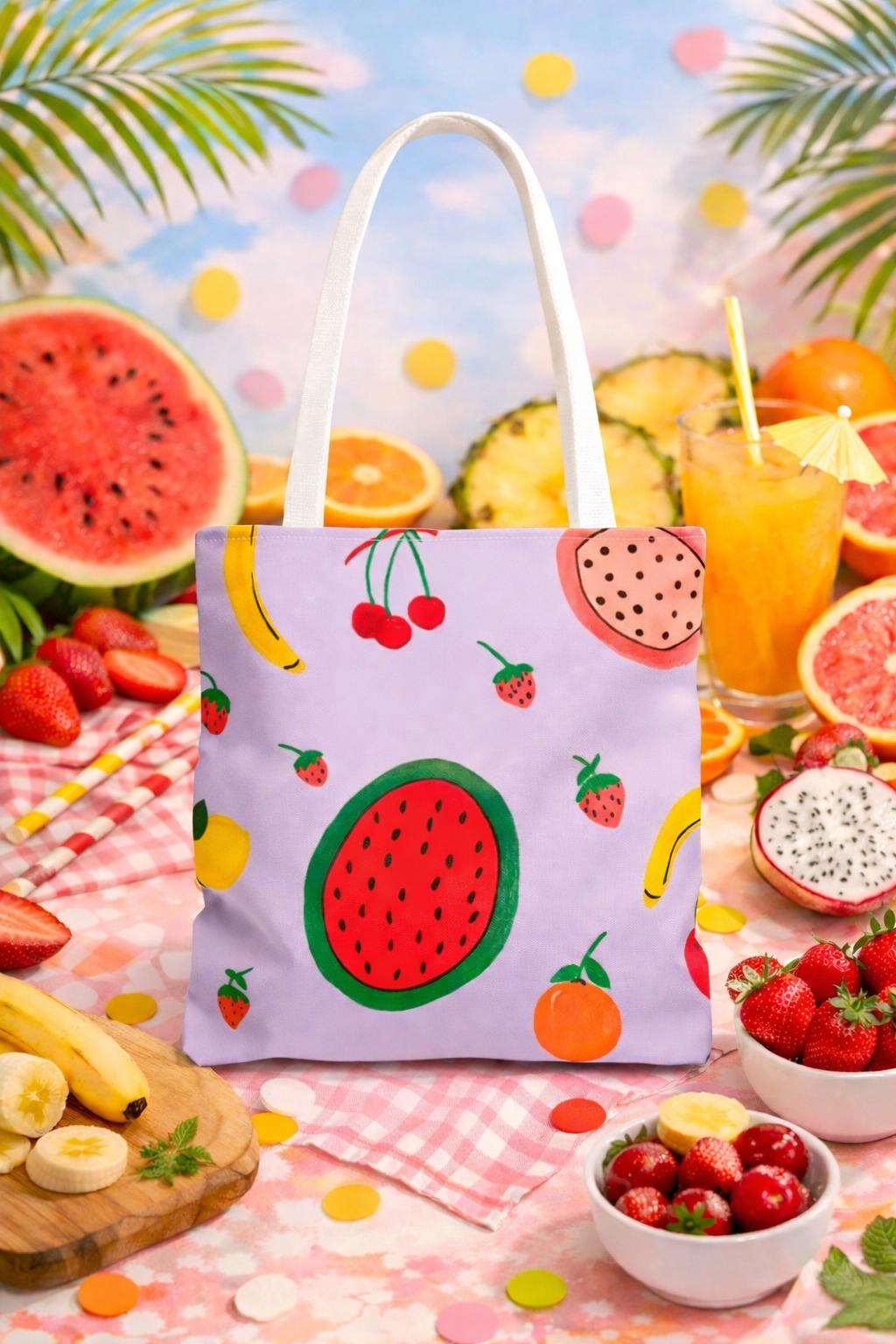 Colorful Fruit Print Tote Bag | Durable Polyester Grocery Bag