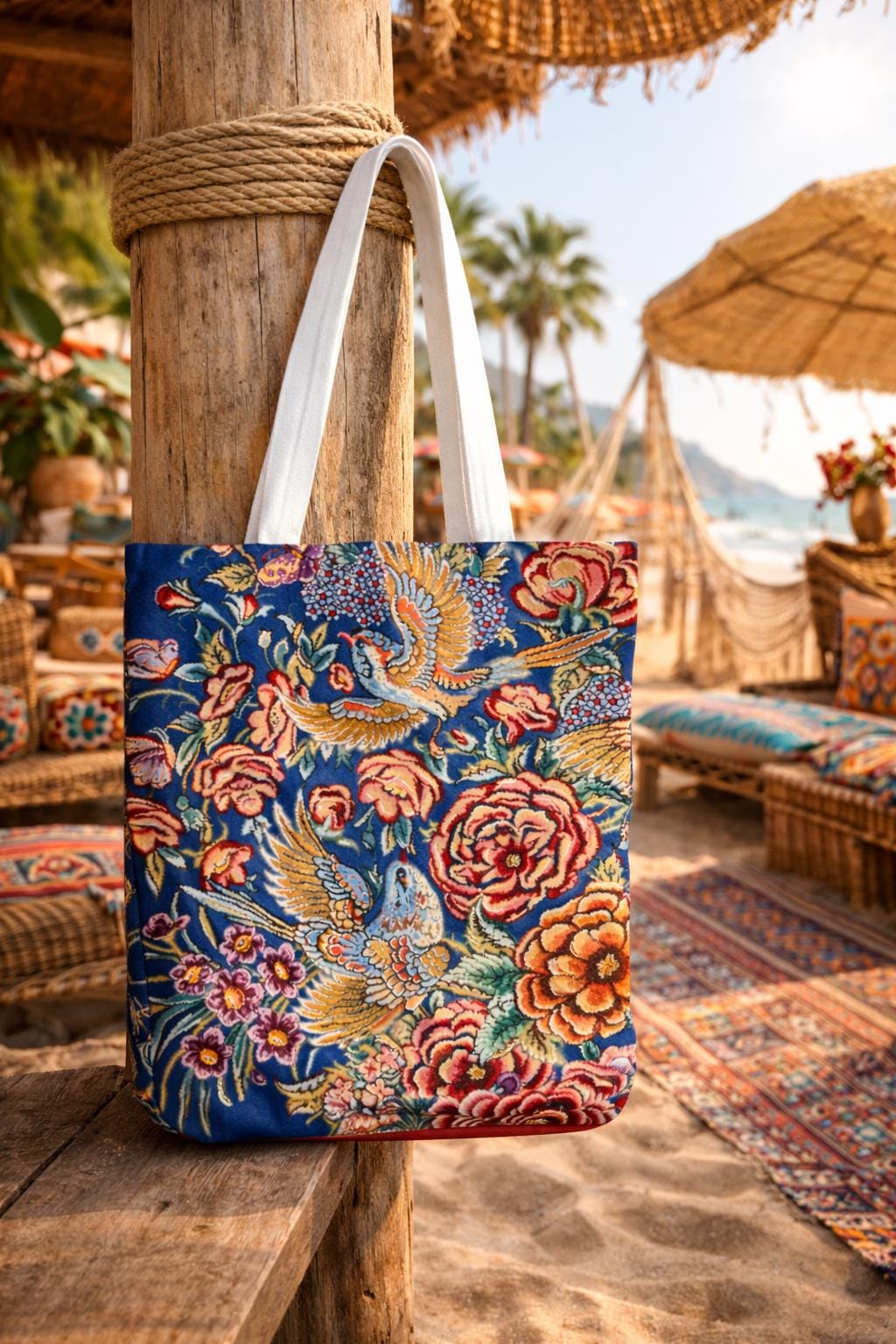 Floral retro style tote bag inspired by Persian artistry