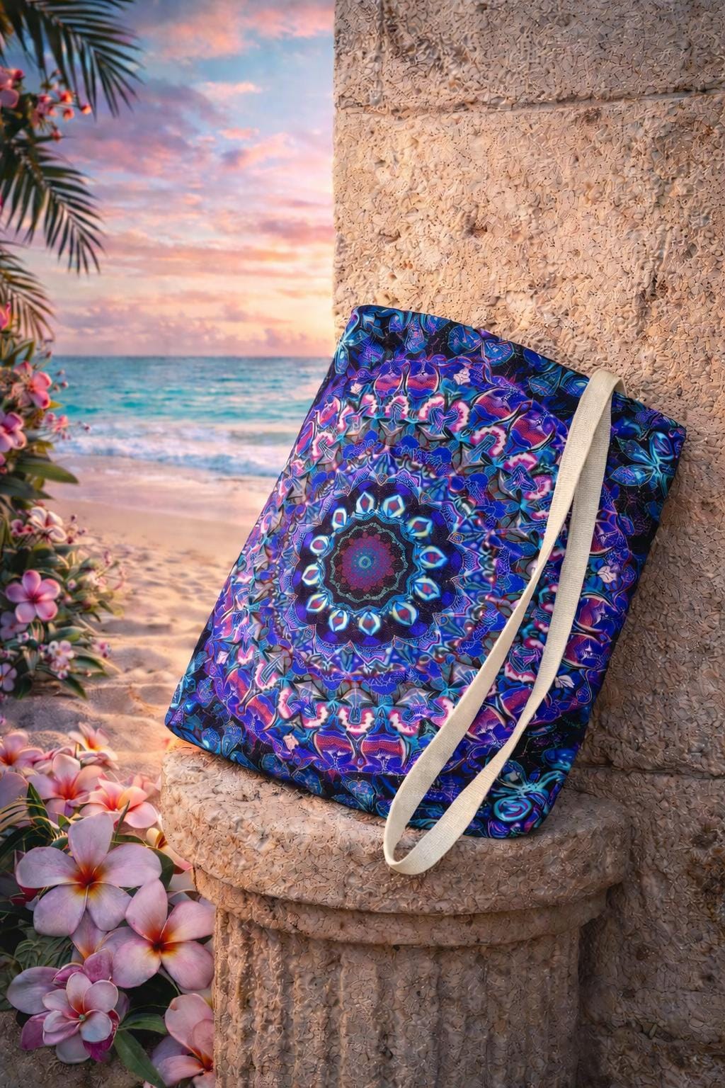 Mandala Bag with Blue and Purple Kaleidoscope Design – Stylish Accessory for Shopping & Events – Perfect Gift for Boho Charm