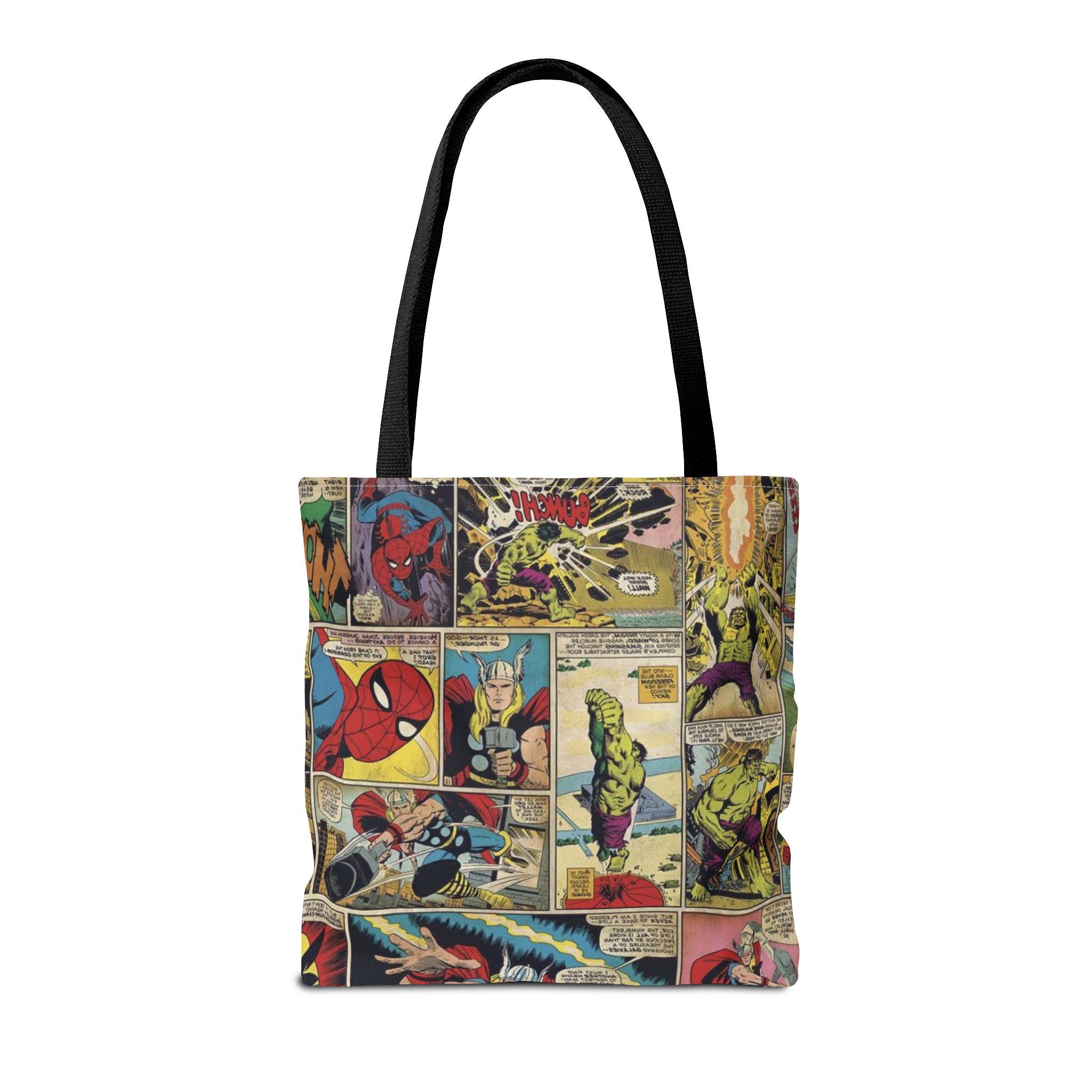 Vintage Comic Collage Tote Bag, Nerd and Superhero Book Bag, Retro Pop Art Shoulder Tote for Men and Women, Geeky Grocery Shopping Bag