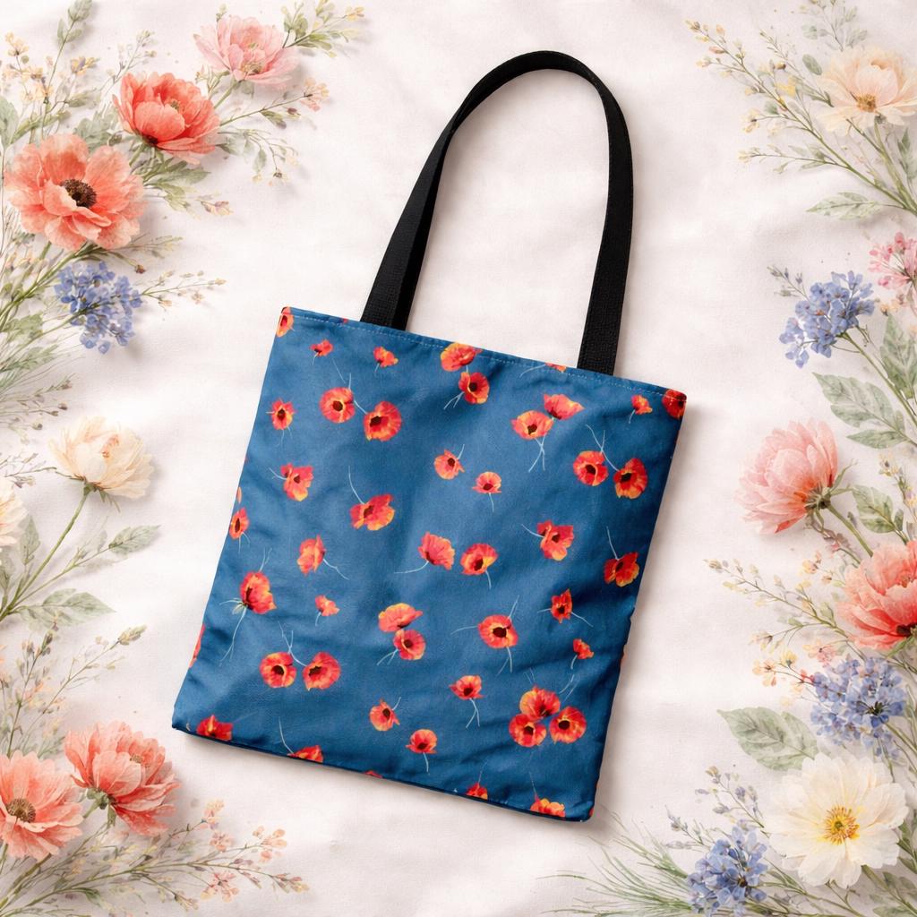 Red Poppy Floral Pattern Tote Bag | Blue Background, Reusable Eco-Friendly Casual Market & Everyday Carry with Reinforced Handles