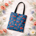 Red Poppy Floral Pattern Tote Bag | Blue Background, Reusable Eco-Friendly Casual Market & Everyday Carry with Reinforced Handles