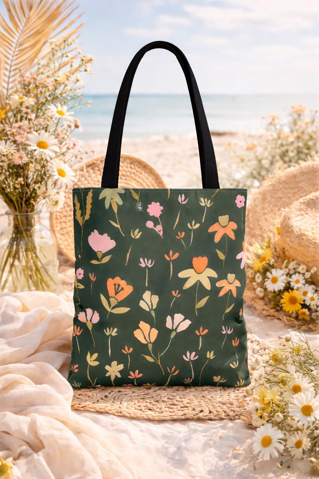 Floral tote bag, all-over printed wildflowers, green and blush pink blooms, everyday market shopping bag, eco-friendly gift for her