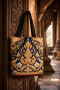 Gold Thai Temple Pattern Tote | Ornate Floral Motif, Navy Background