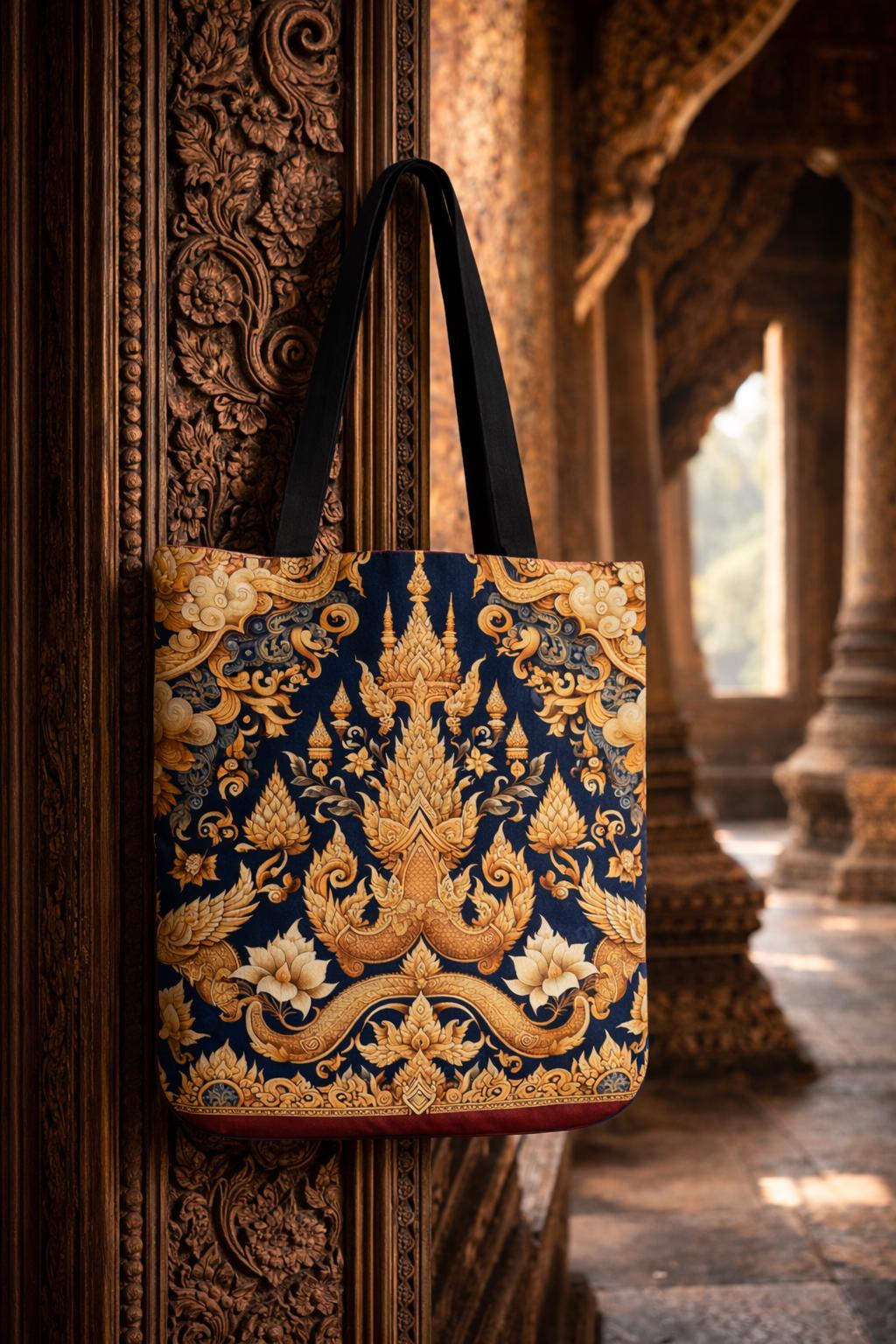 Gold Thai Temple Pattern Tote | Ornate Floral Motif, Navy Background