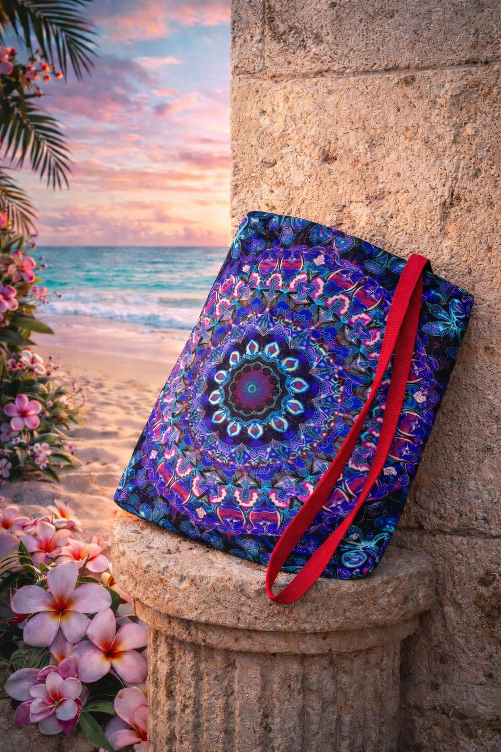 Mandala Bag with Blue and Purple Kaleidoscope Design – Stylish Accessory for Shopping & Events – Perfect Gift for Boho Charm
