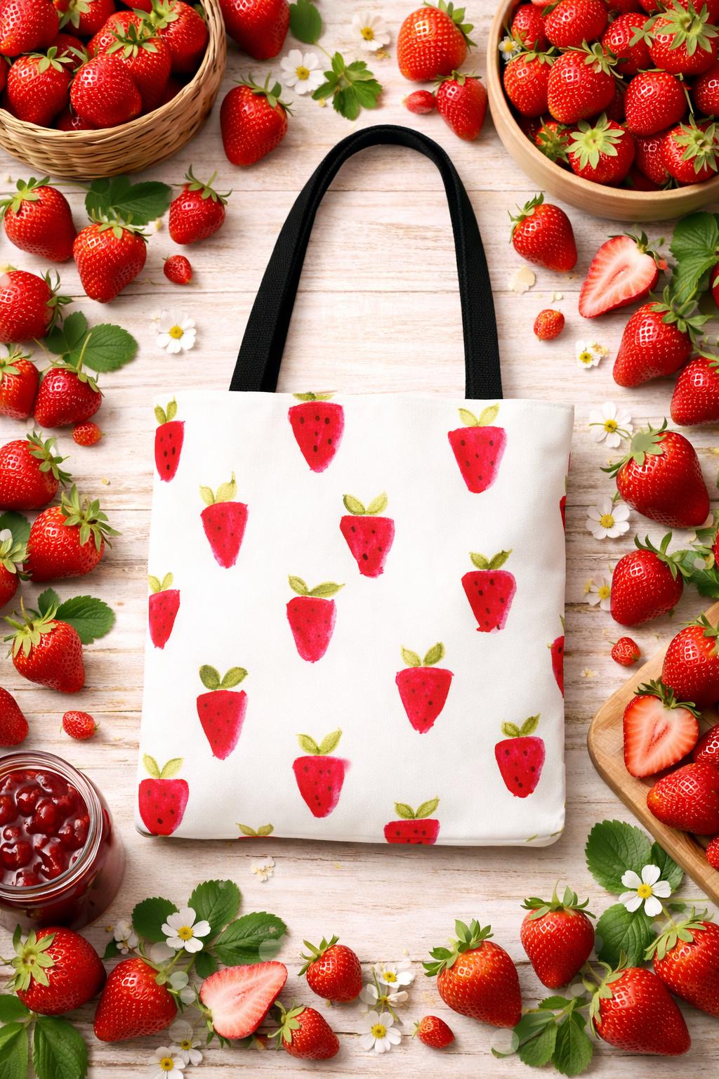 Handpainted Strawberry Tote Bag | Watercolor Fruit Print