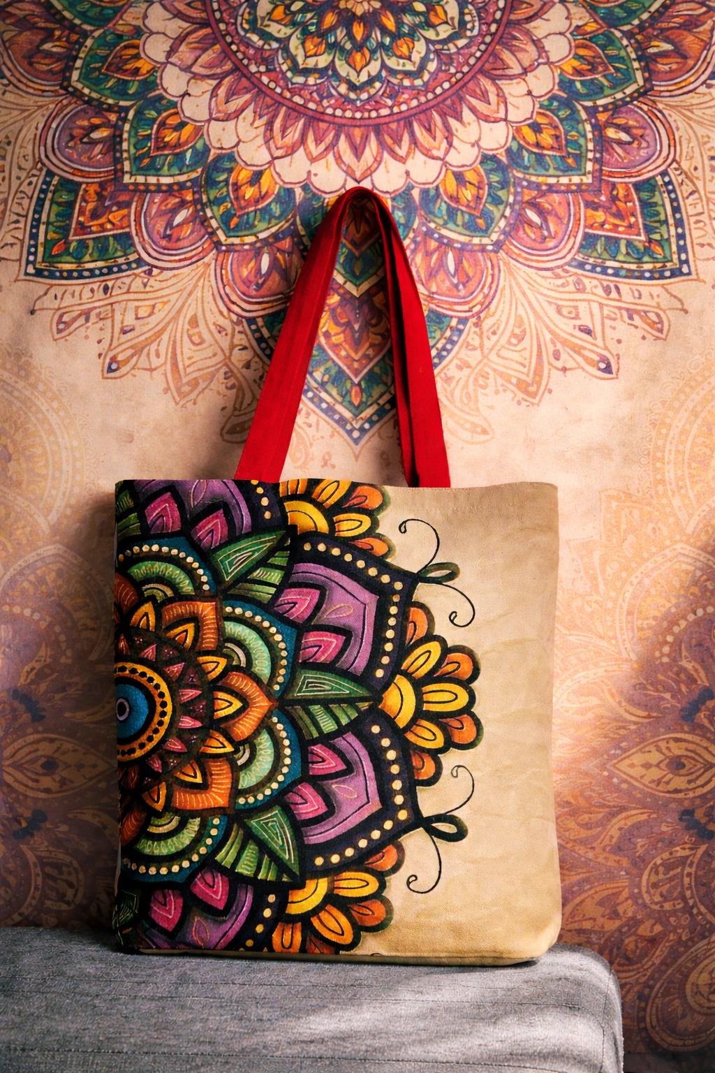 Mandala Polyester Tote Bag with Colorful Accents