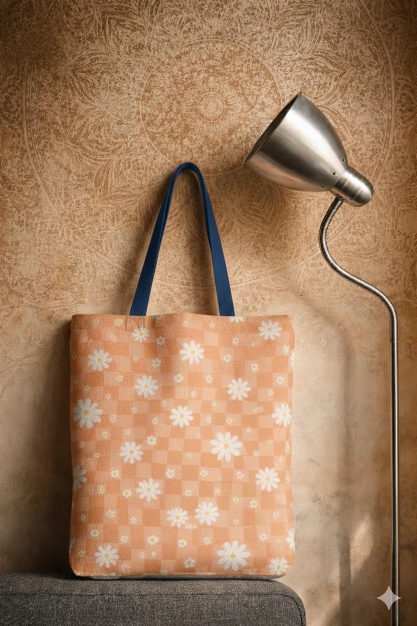 Floral vintage tote bag for books and groceries, soft-pink canvas with painterly magenta flowers, reinforced handles,lightweight and durable
