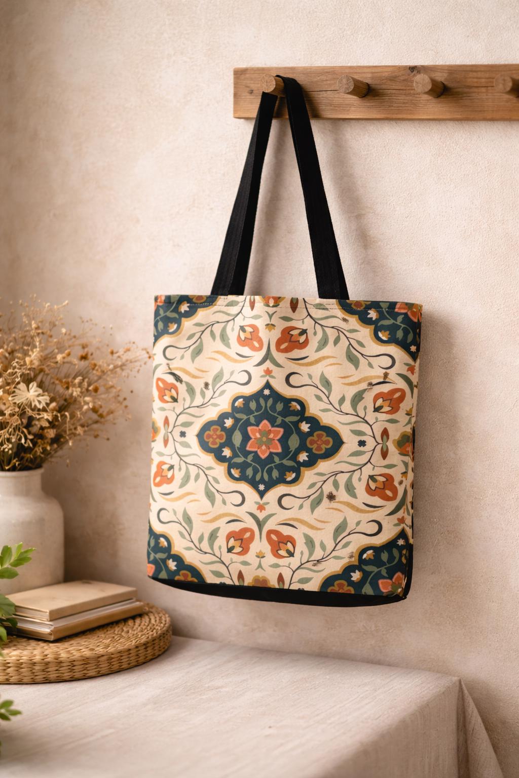 Vintage Floral Tile Pattern Tote Bag | All-Over Print
