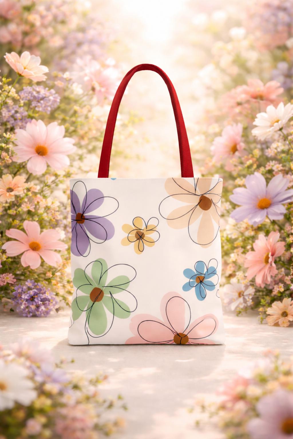 Pastel Doodle Flowers Tote Bag, Floral Illustration Casual Bag, Eco-Friendly Everyday Shopping Tote, Gift for Her, Spring & Summer