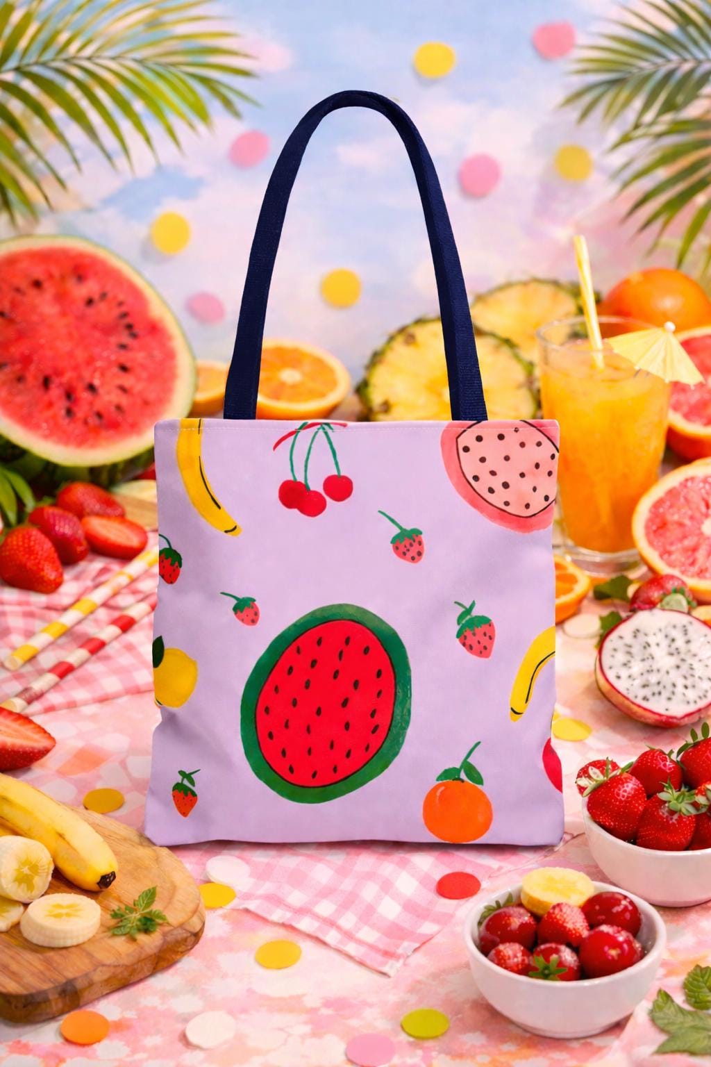 Colorful Fruit Print Tote Bag | Durable Polyester Grocery Bag