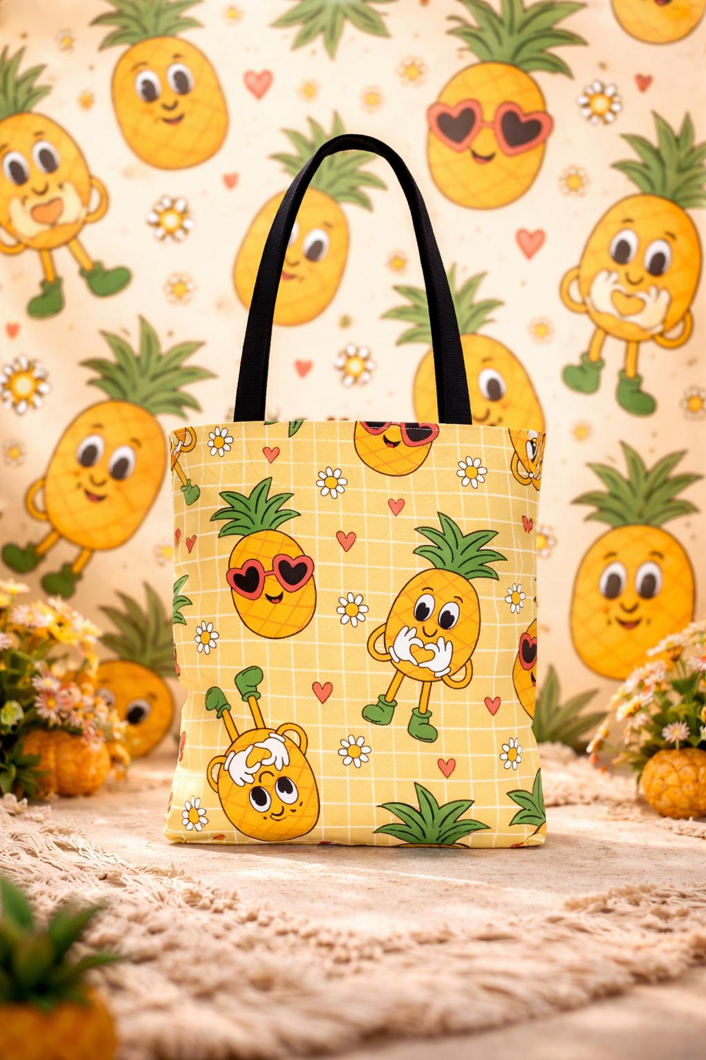 Kawaii Pineapple Pattern Tote Bag | Cute Fruit Hearts Daisies All-Over Print