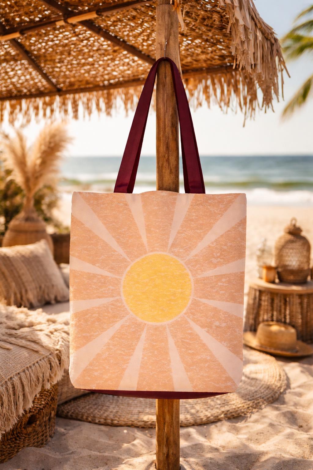 Retro Sunburst Tote Bag | Boho Sunrise Graphic