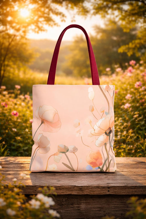 Blush Floral Illustration Tote Bag,Peach Poppy Pattern Handcrafted Summer Accessory & Gift for Garden Lovers