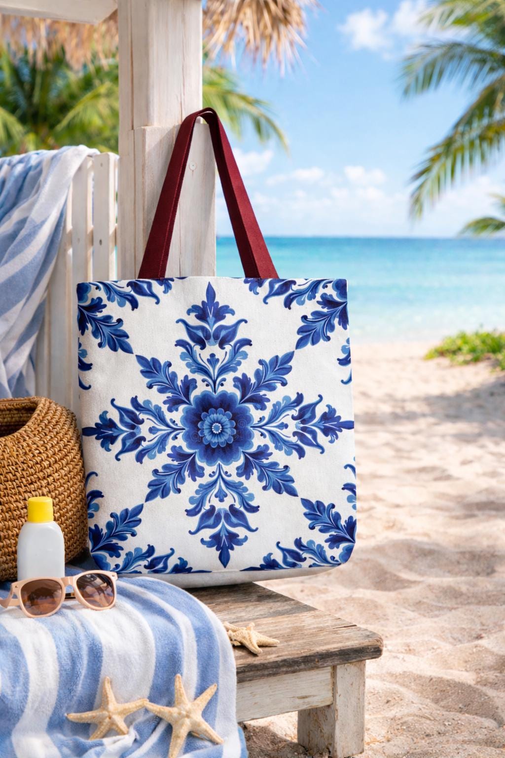 Floral Indigo Tote Bag, Blue Flower Market Shopper