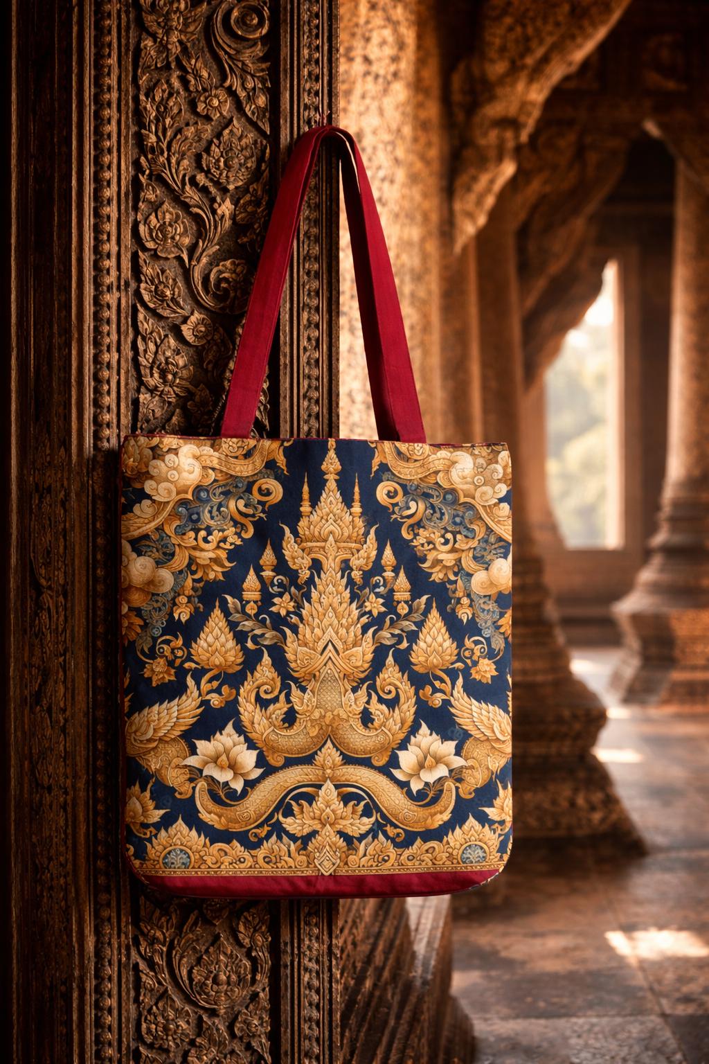 Gold Thai Temple Pattern Tote | Ornate Floral Motif, Navy Background