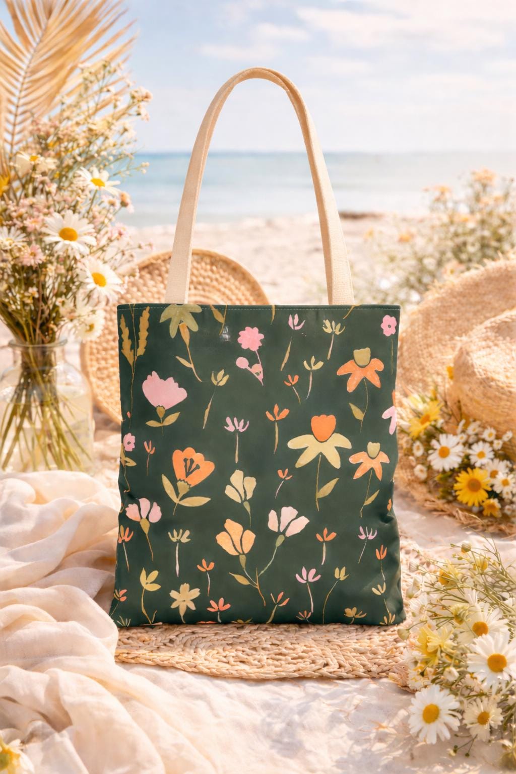 Floral tote bag, all-over printed wildflowers, green and blush pink blooms, everyday market shopping bag, eco-friendly gift for her