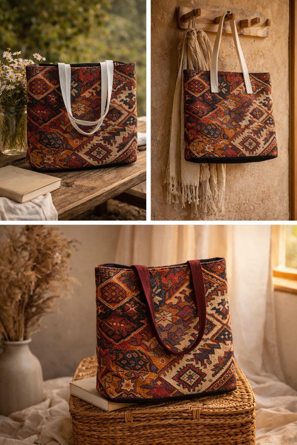 Vintage Persian Rug Pattern Tote Bag | Boho Ethnic Kilim Design for Everyday, Market, Travel, Gifts, Fall Accessories