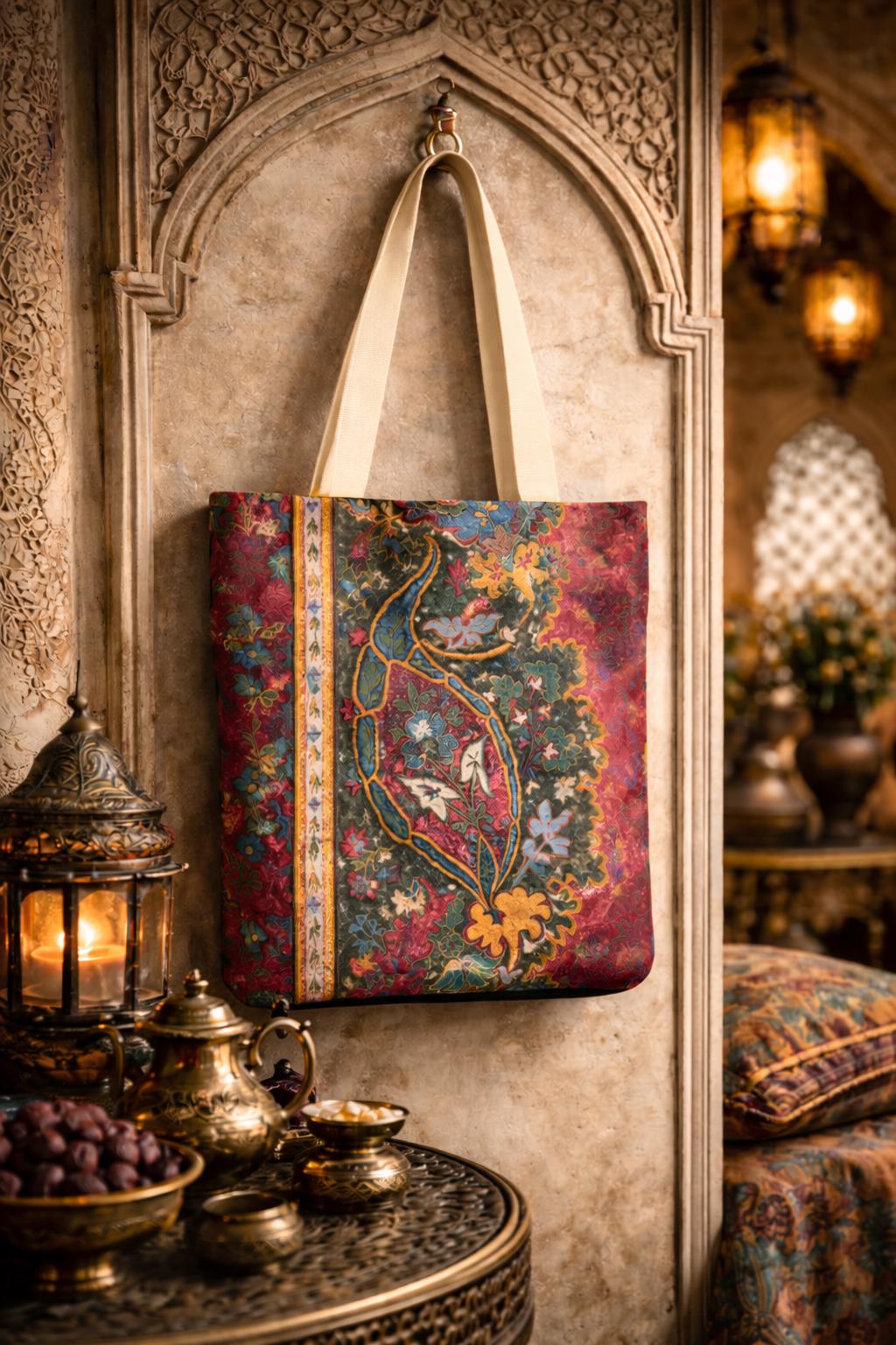 Floral Tote Bag: Persian Art Style, Colorful Handles
