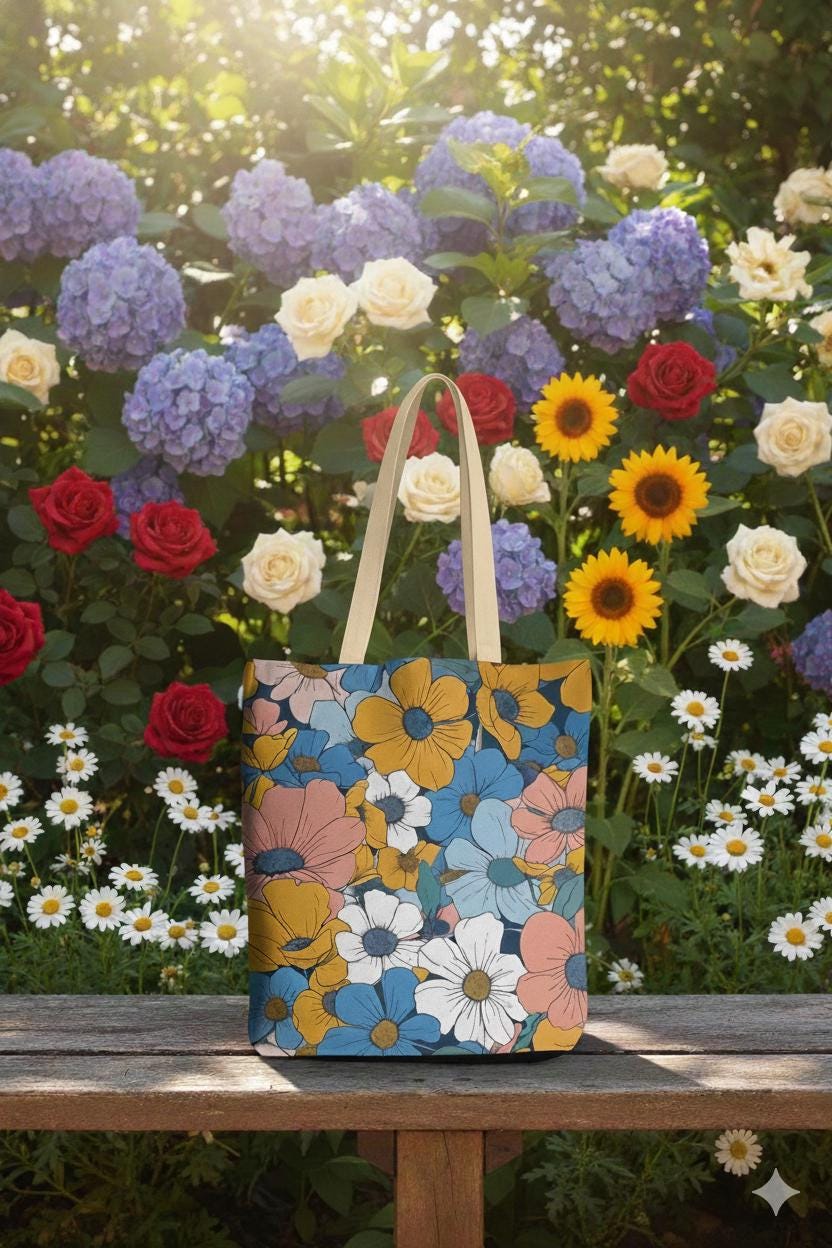 Floral Pattern Tote Bag, Women's Eco-Friendly Market and Beach Tote, Gift for Her, Boho Style, Reusable Shopping Bag