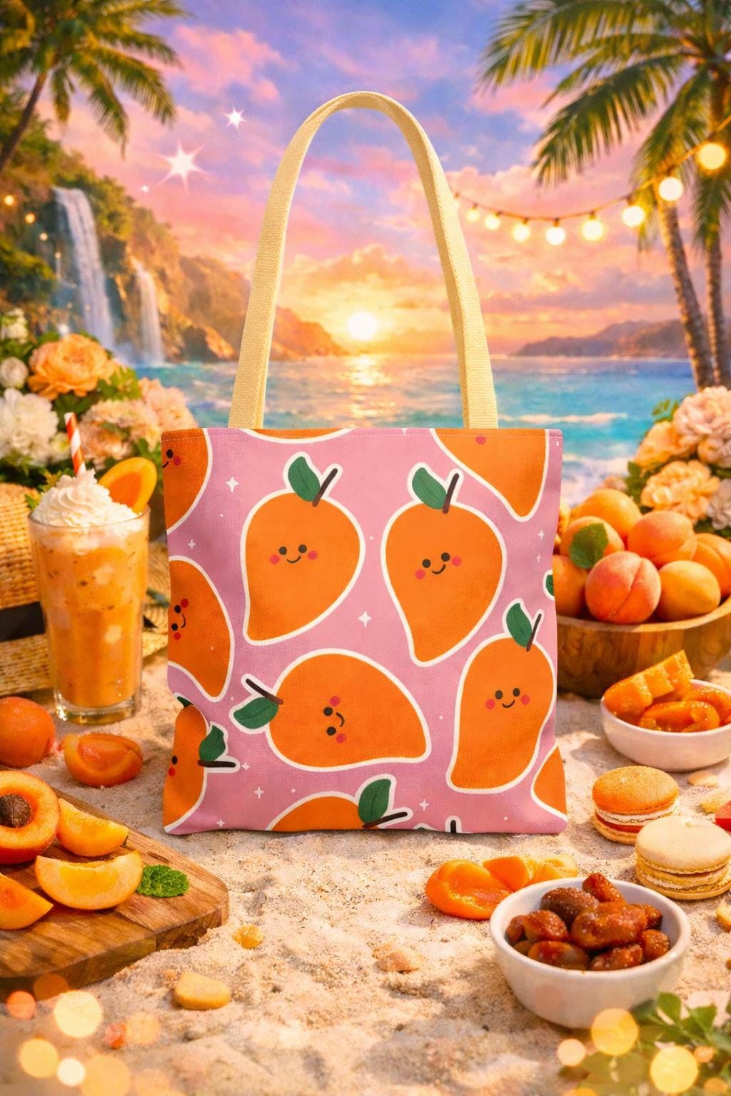 Fruit Lover’s Mango Tote,Vibrant Smiling Mango Illustration for Summer Outings, Gift for Women and Teens